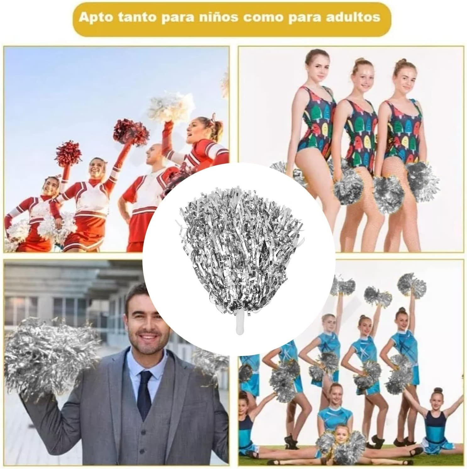 24 Pcs Metallic Cheerleading Pom Poms for Kids Foil 12 Inch, Team Spirit Sports Dance Party (Silver)