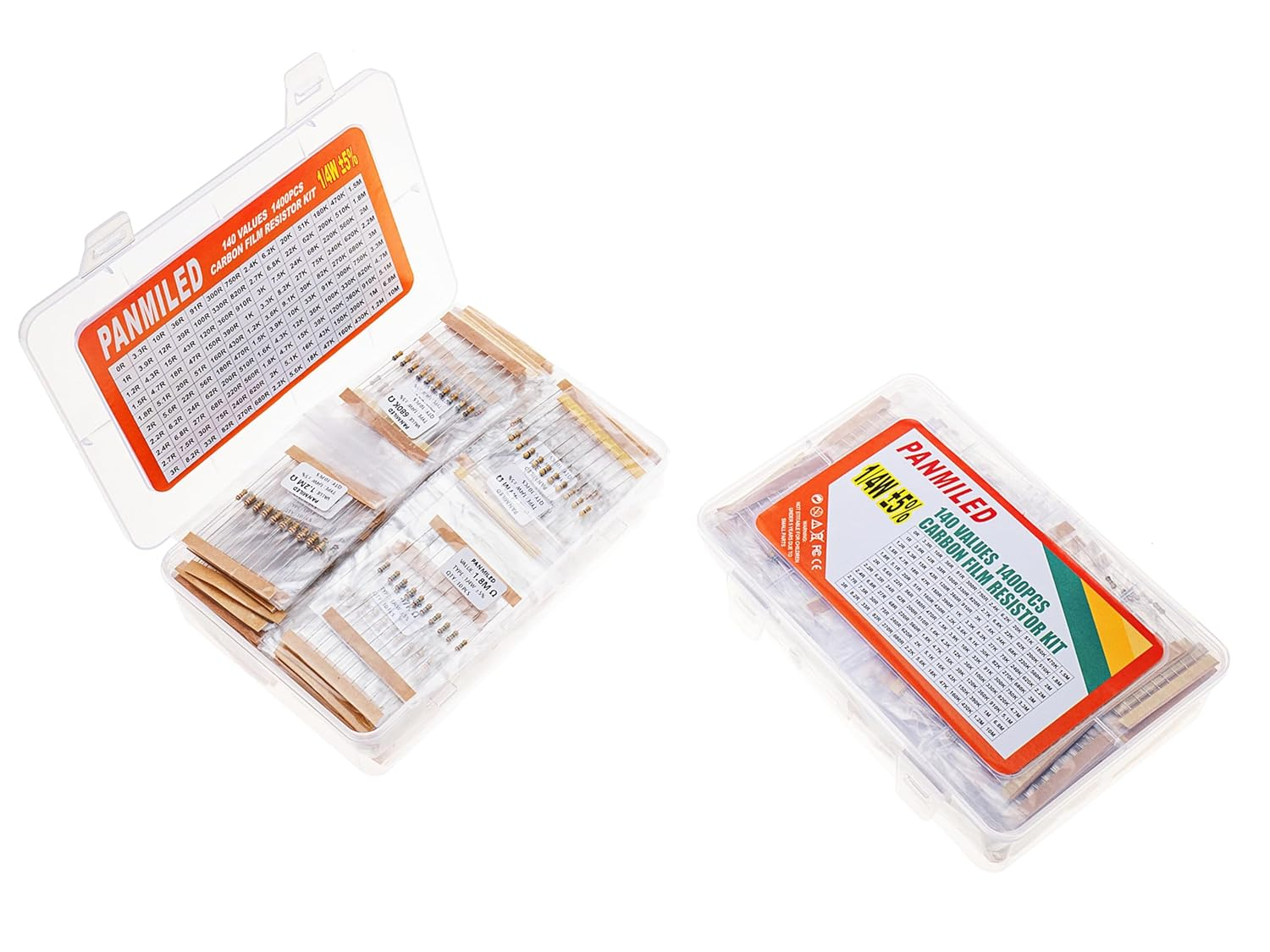PANMILED 140 Values 1400 Pieces Resistors Assortment Kit 0 Ohm-10M Ohm, 1/4W 5% Carbon Film Resistor Combination Kit, 0.25 Watt Plug-In Resistor Element Packaging
