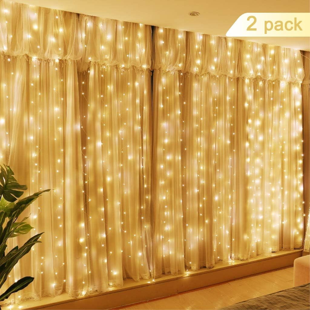Fairy Curtain Lights, Amazertec 300 LED Window Curtain String Light Wedding Party Home Garden Bedroom Outdoor Indoor Wall Decorations (Warm White)