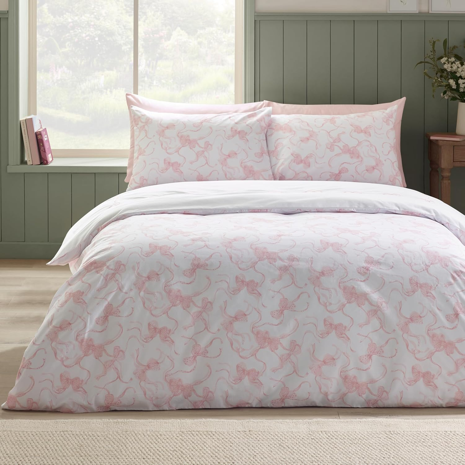 Catherine Lansfield Bow Embroidery King Duvet Cover Set with Pillowcases White/Pink image number 3