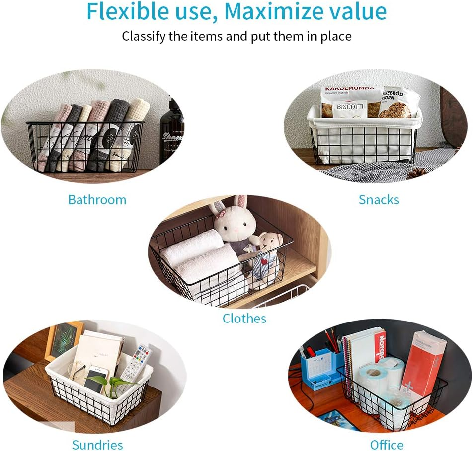 6PCS Wire Storage Baskets, Premium Metal Storage Organizer Basket, Small Size Metal Baskets for Home Office Kitchen, Black image number 3