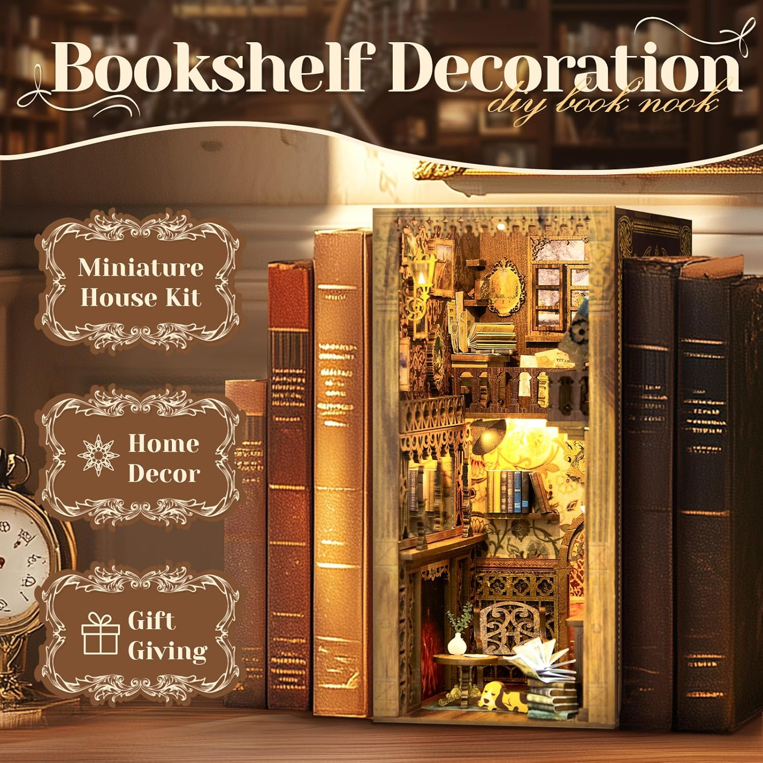 CUTEBEE Book Nook Kit, DIY Miniature House Kit for Adults, 3D Wooden Puzzle Bookend Bookshelf Insert Decor with LED Light and Dust Cover, Unique Crafts Made with Your Loved Ones (Eternal Bookstore)