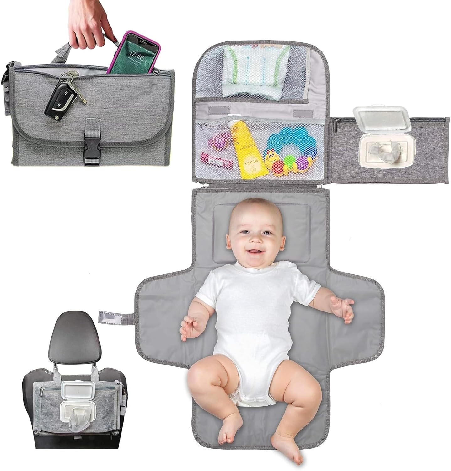 Baby Portable Diaper Changing Pad - Baby Diaper Changer Travel Bag with Wipes Pocket, Smart Design Portable Changing Mat, Infant Travel Station Kit, Gift for Newborn Girl & Boy - Grey, Classic image number 6
