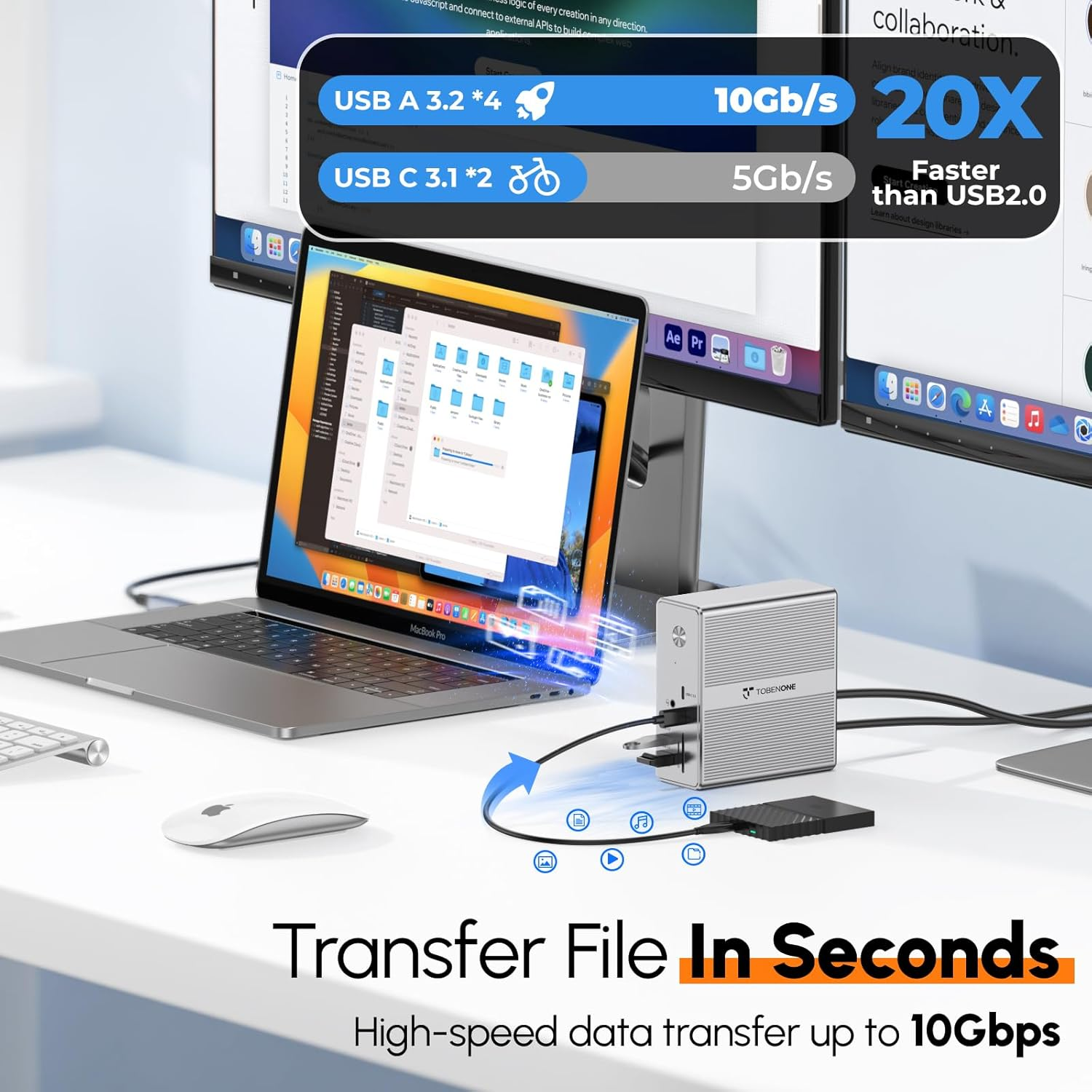 Tobenone Displaylink Docking Station Triple Monitor with 120W Power Adapter, Triple 4K Display for Macbook Pro/Air, Thunderbolt 4/3, USB-C Windows(3X HDMI, 3X DP, 2Xusb-C, 4Xusb 3.2, SD/TF) image number 3