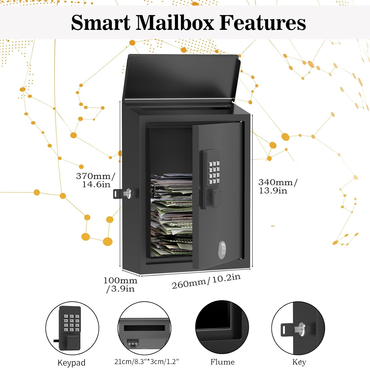 Mailbox with Electronic Lock, Wall Mount Locking Postbox for House, OTP/APP Bluetooth/Wi-Fi/Fixed Code/Key Unlock, Large Capacity for Collect Letters, Key Drop Box, Black, Waterproof, 14X4X10In image number 2