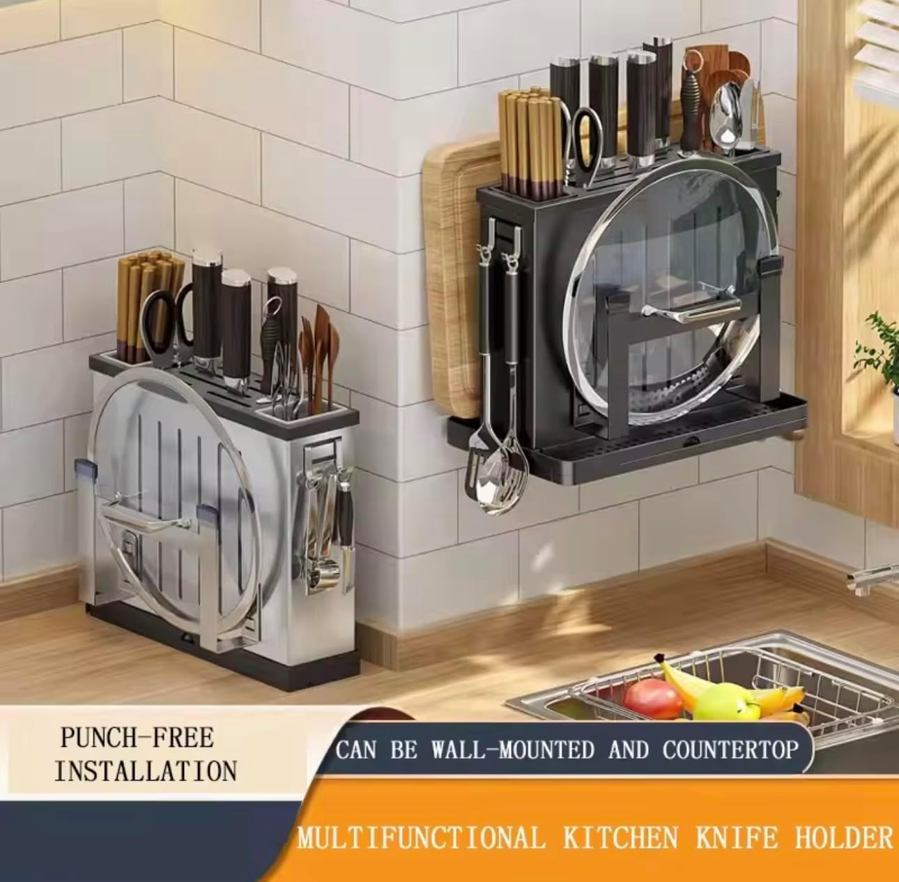 Wall-Mounted Kitchen Knife Organiser, Multifunctional Utensil Holder with Cutting Board Storage, Black