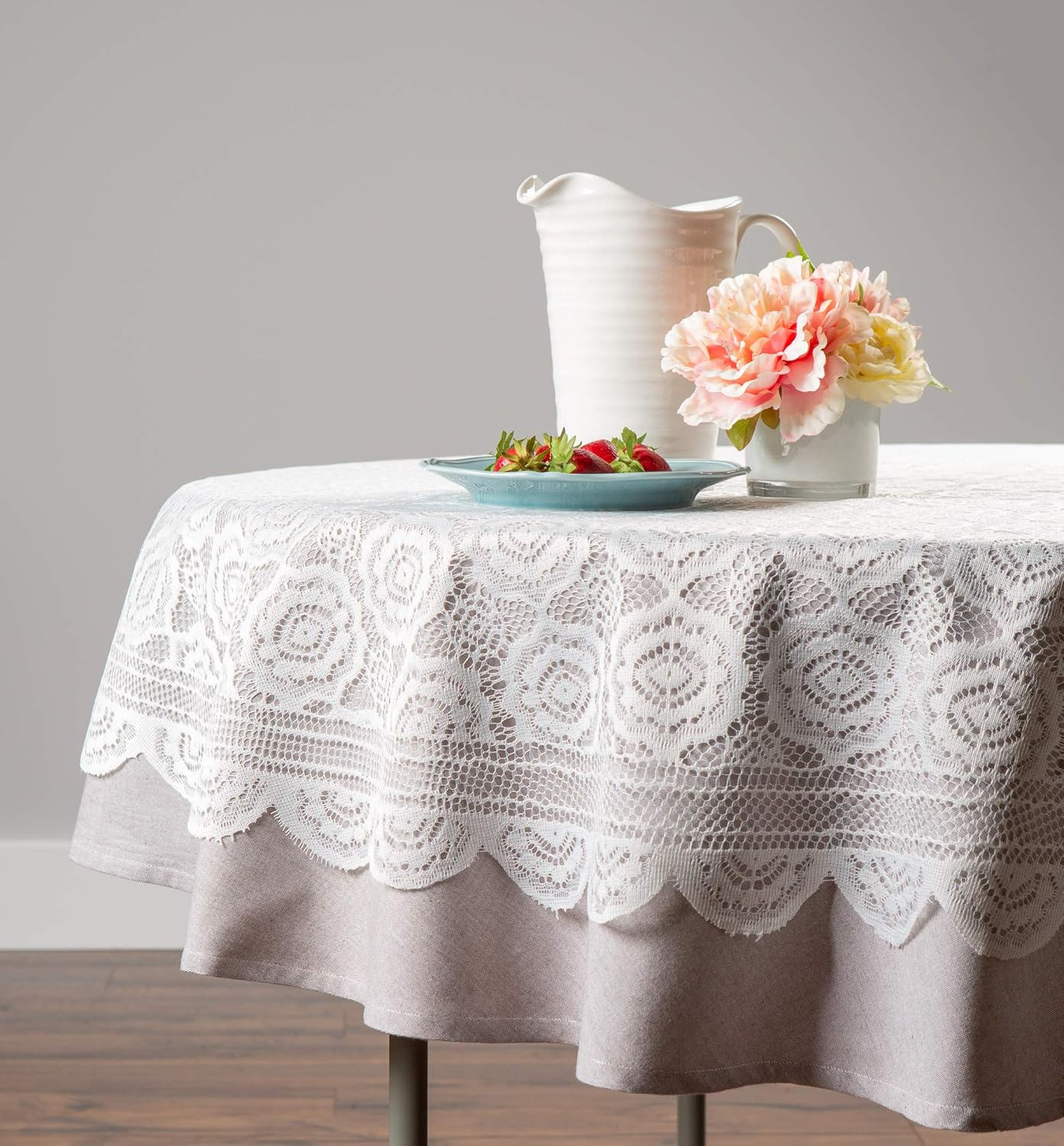 DII Home Essentials 100% Polyester, Machine Washable, Shabby Chic, Vintage Tablecloth or Overlay 63" Round, Floral Lace image number 1