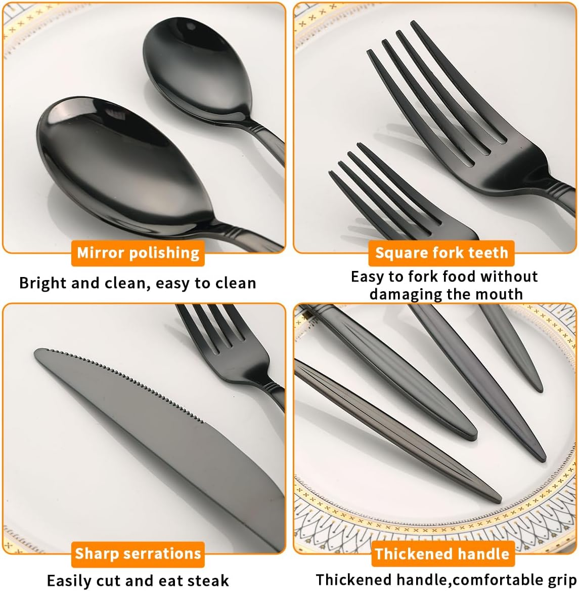 Black Cutlery Set 30 Pieces Service for 6, Berglander Titanium Black Plated Stainless Steel Flatware Set, Knives Forks Spoons Silverware Set - A.30 Pieces image number 5