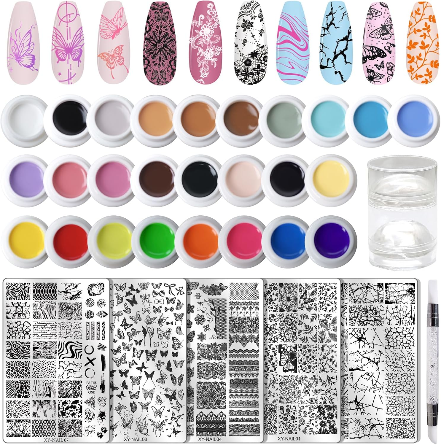 RUNBBY Nail Art Stamping Kit - 26 Color Gels with 5 Stainless Steel Plates, Dual-Ended Silicone Stamper & Scraper - DIY Nail Design Set for Beginners and Pros image number 3