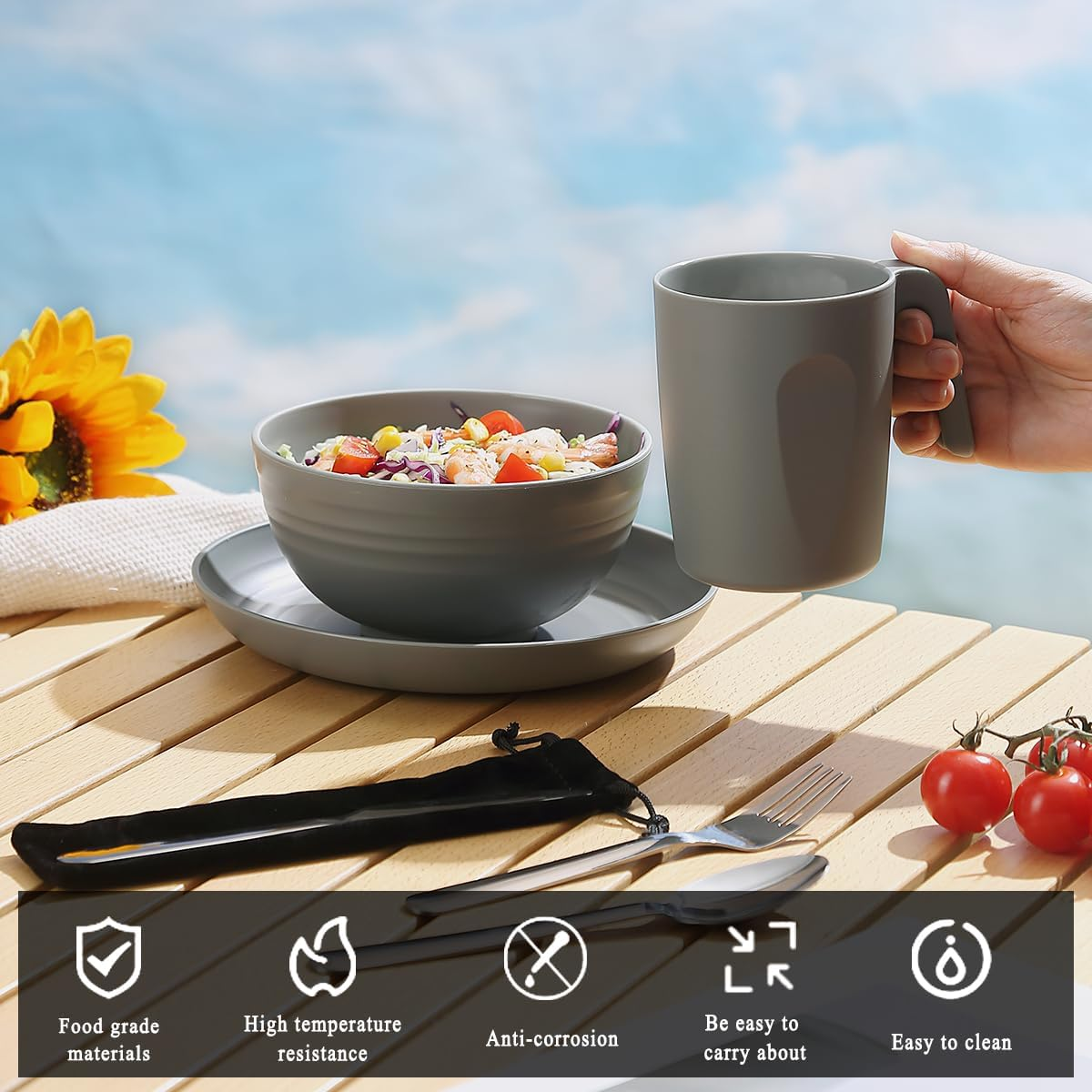 Camping Utensils, Reanea Camping Mess Kit for Travel, Camping, Picnic, Outdoor, Camping Gear Include Knife, Spoon, Fork Cutlery Set, Cup, Bowl, Plate, Camping Essentials for 1 image number 4