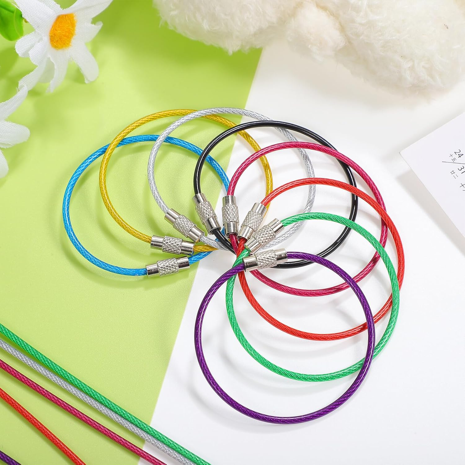 Uonlytech 16 Pcs Stainless Steel Wire Cable Key Rings Large Colored Bag Tags Multi-Functional Luggage Keychain with Buckle Easy to Use for Travel and Organization image number 1