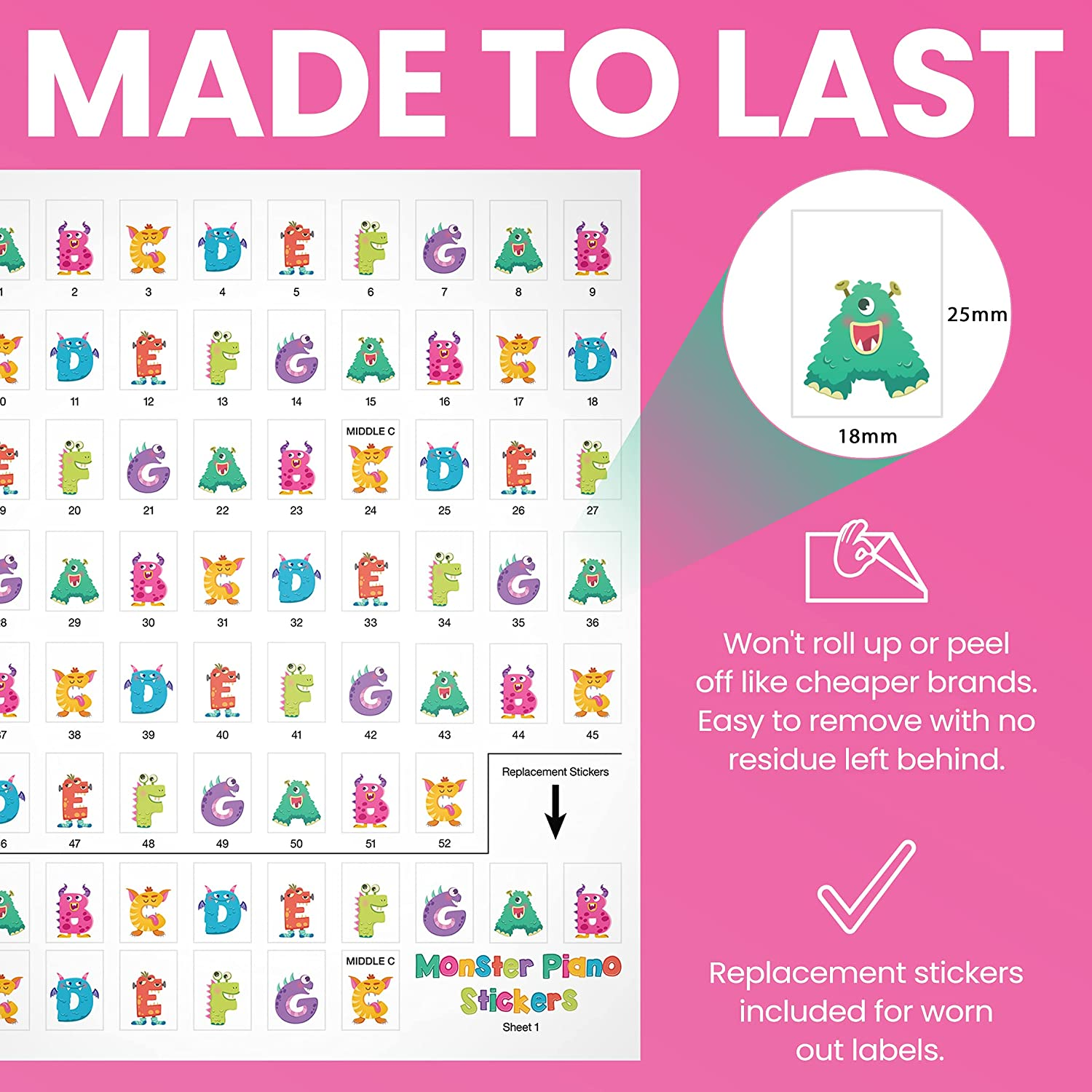 Crosby Monster Piano Stickers for Learning Piano or Keyboard - Transparent 88, 76, 61 & 49 Removable Key Set for Kids image number 1