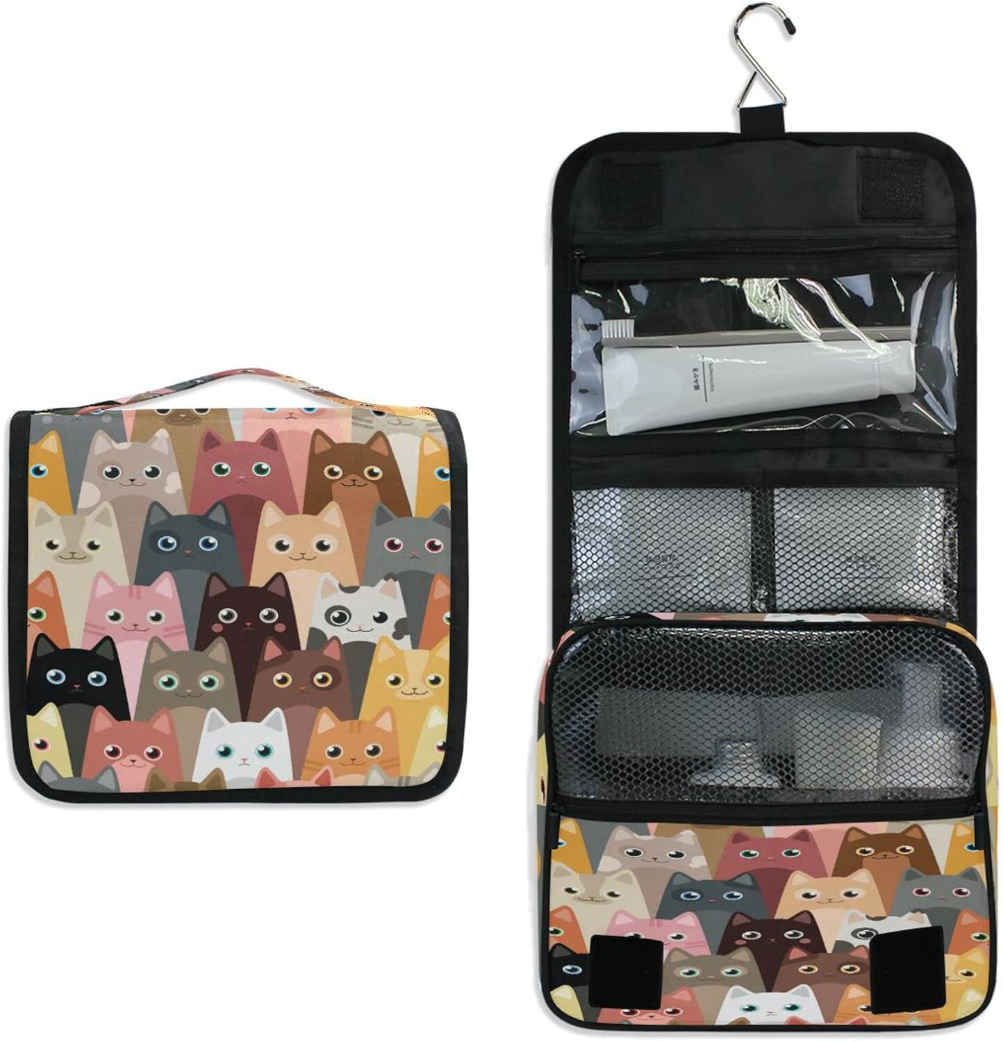 Cute Animal Cat Pattern Hanging Toiletry Bag for Women Men, Portable Makeup Bag Organizer Cosmetic Bag for Purse Pouch Waterproof Travel Essentials Large Wash Bag for Kids Girls, Multicolor, One Size image number 3