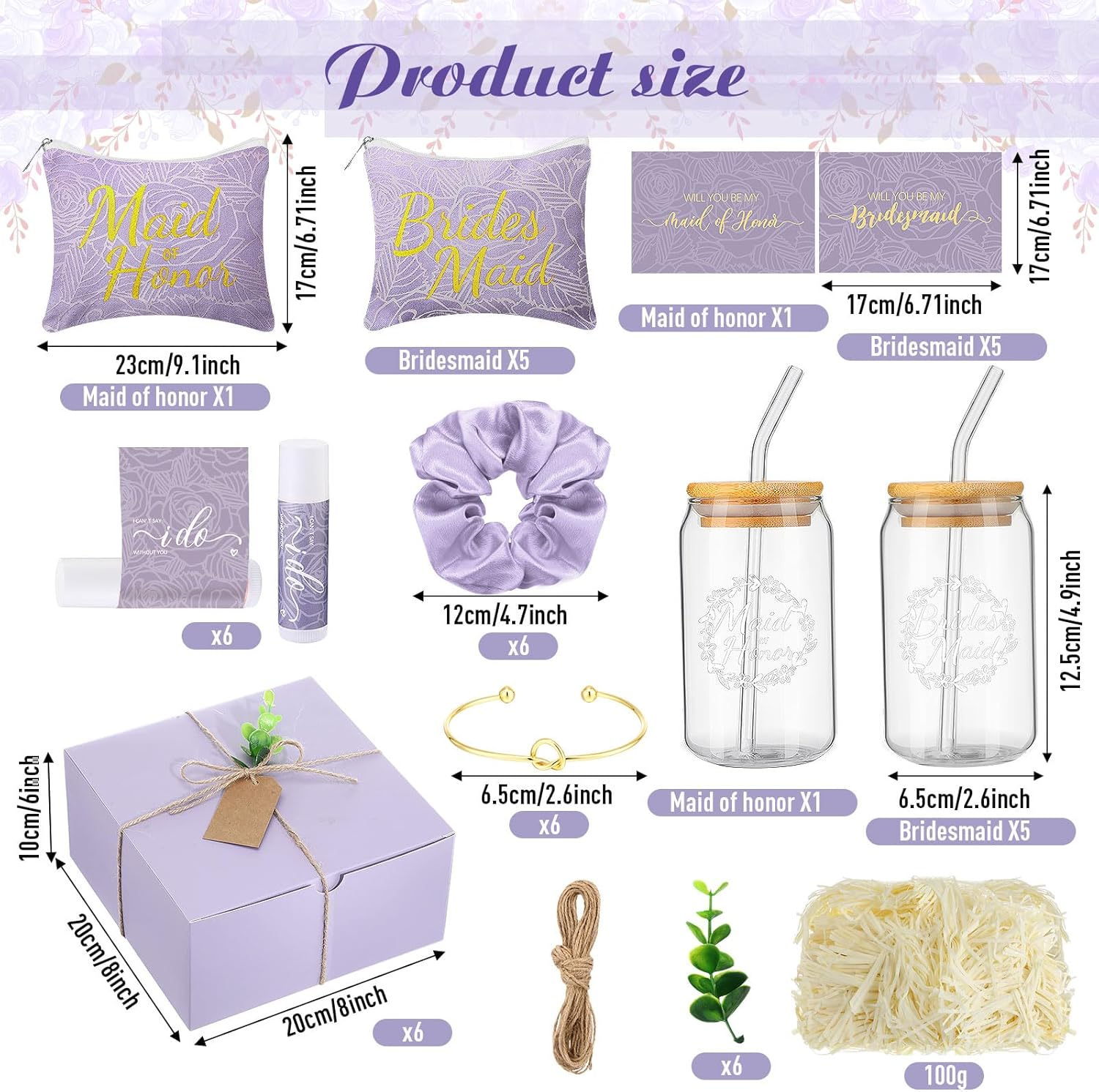 Filltouch 54 Pcs Bridesmaid Proposal Gifts, Maid of Honor Gift Include Wedding Gift Box Makeup Bag Invited Card Glass Cup Lip Balm Scrunchie Bracelet for Bridal Shower Bachelorette Party(Purple) image number 1