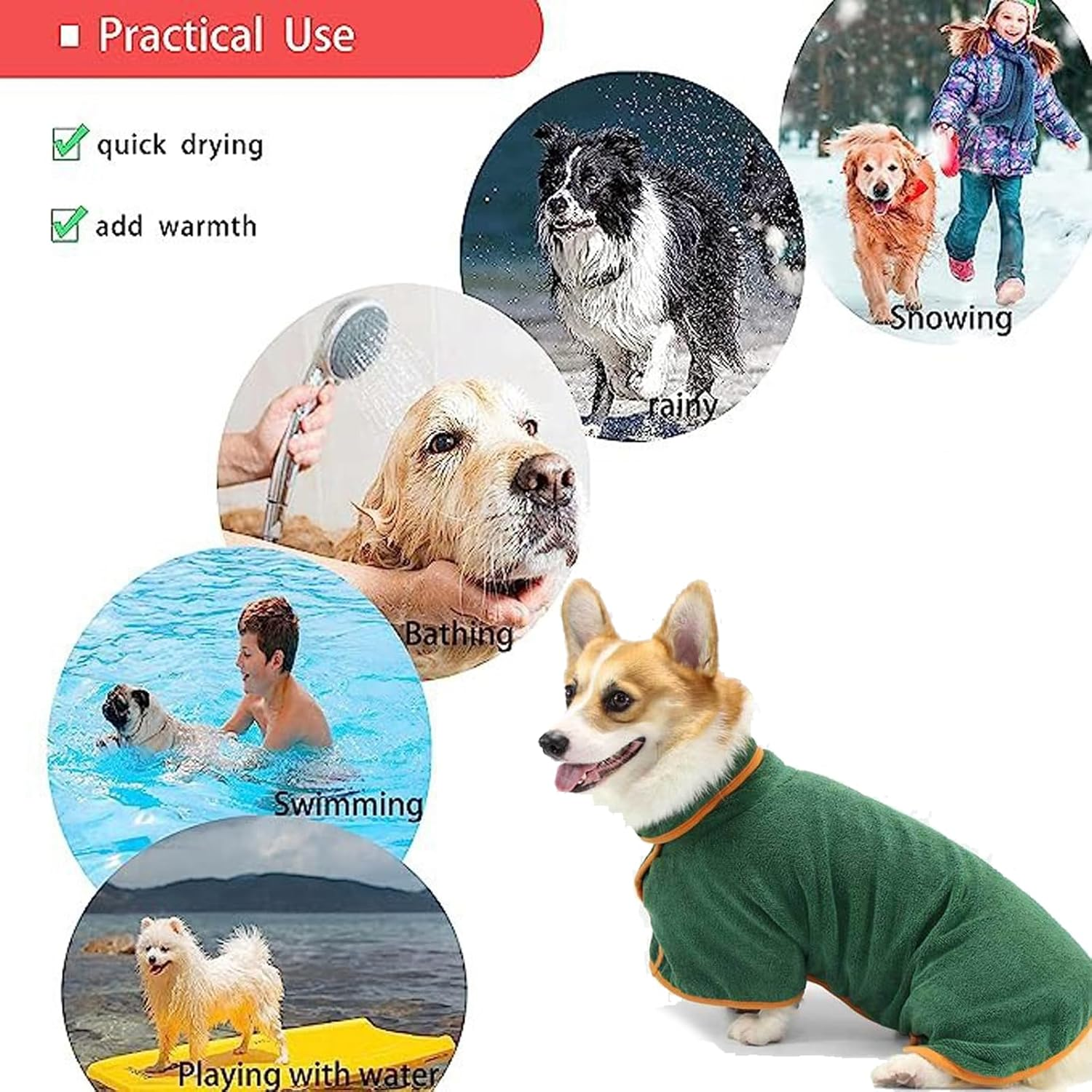 Microfibre Dog Bathrobe, Quick-Drying, Dog Bathrobe, Extra Absorbent, Adjustable Dog Drying Coat, for Medium Dogs, for Use after Bathing, Swimming, Rain, Green image number 3
