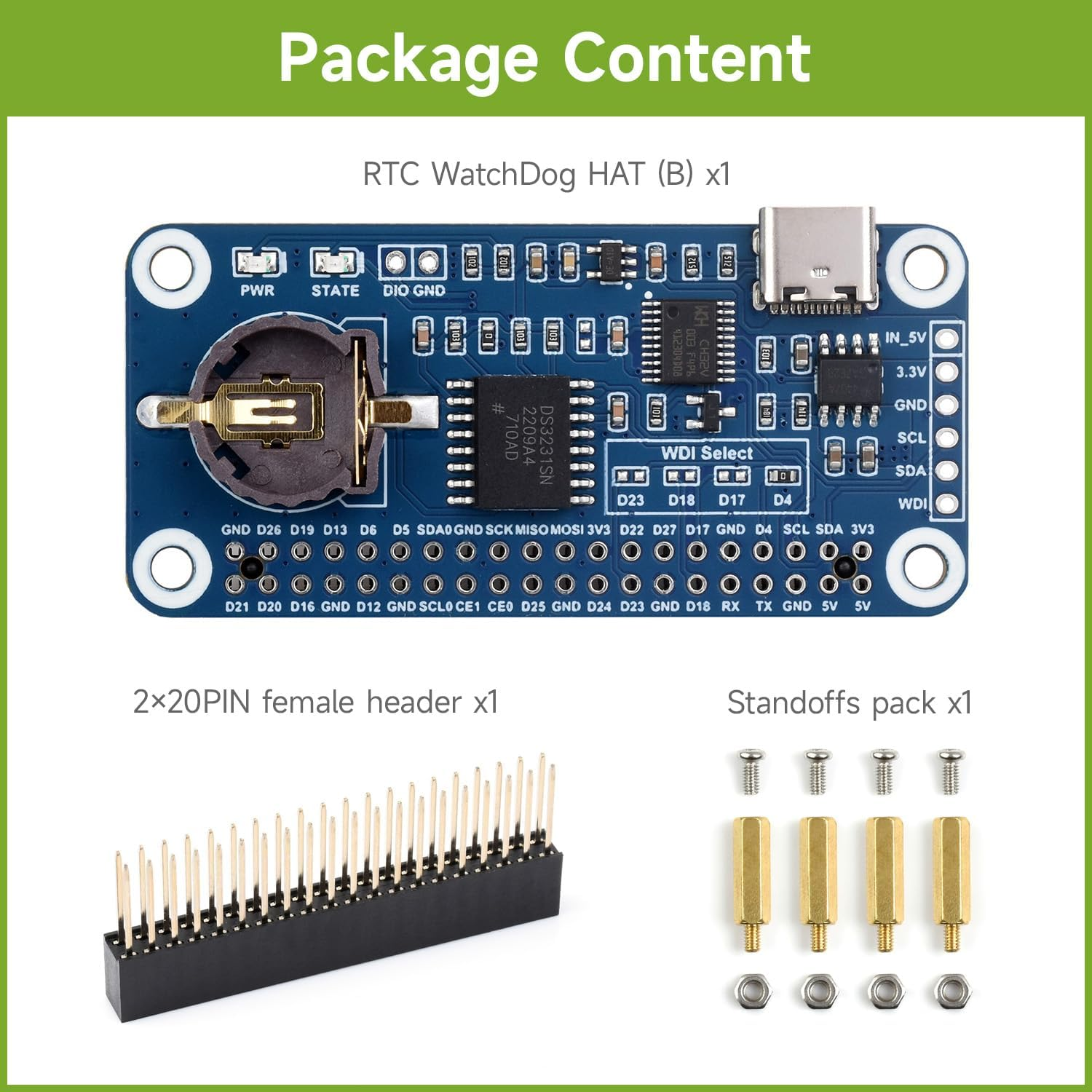 Waveshare RTC Watchdog HAT (B) for Raspberry Pi, Onboard DS3231SN High Precision RTC Chip image number 1