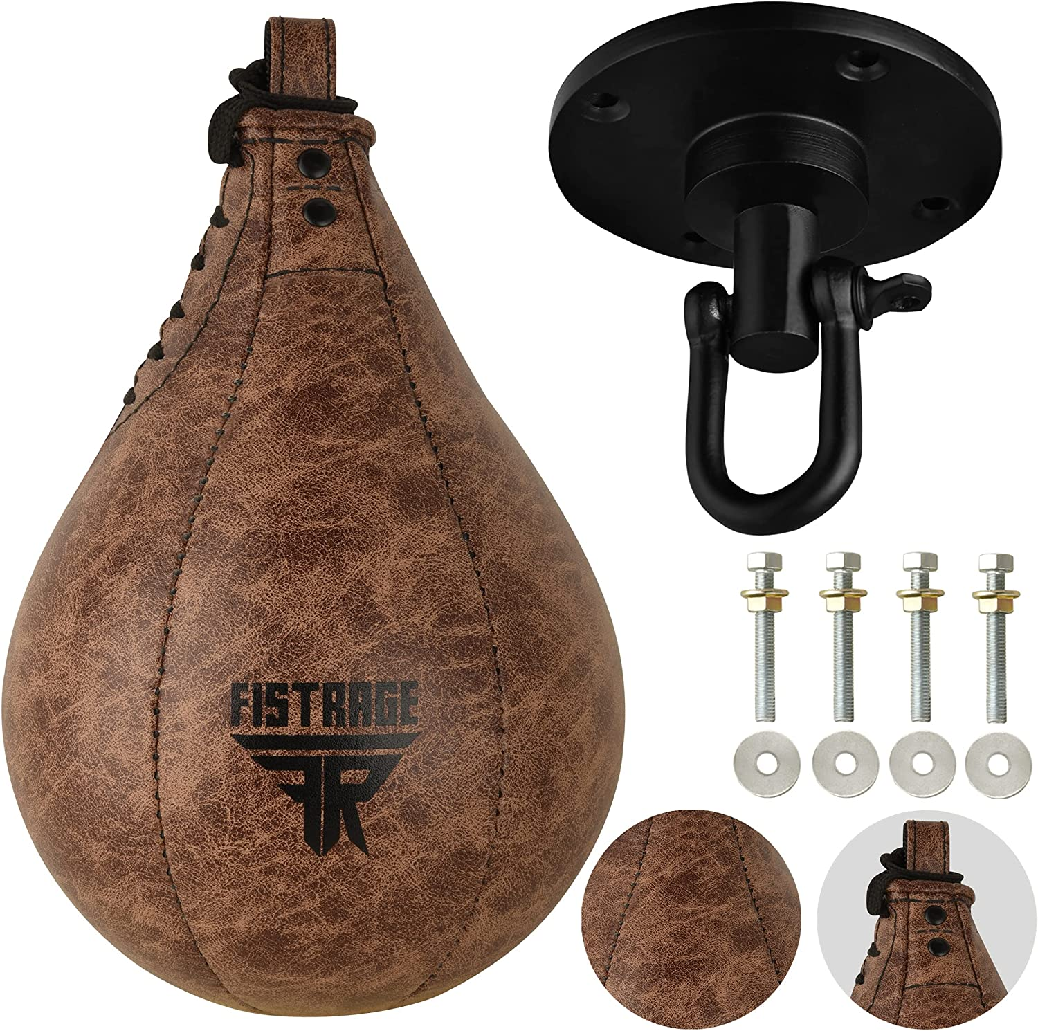 FISTRAGE Speed Bag Boxing Ball Leather MMA Muay Thai Training Punching Dodge Striking Kit with Free Hanging Swivel Workout Speedball Kicking Platform Equipment