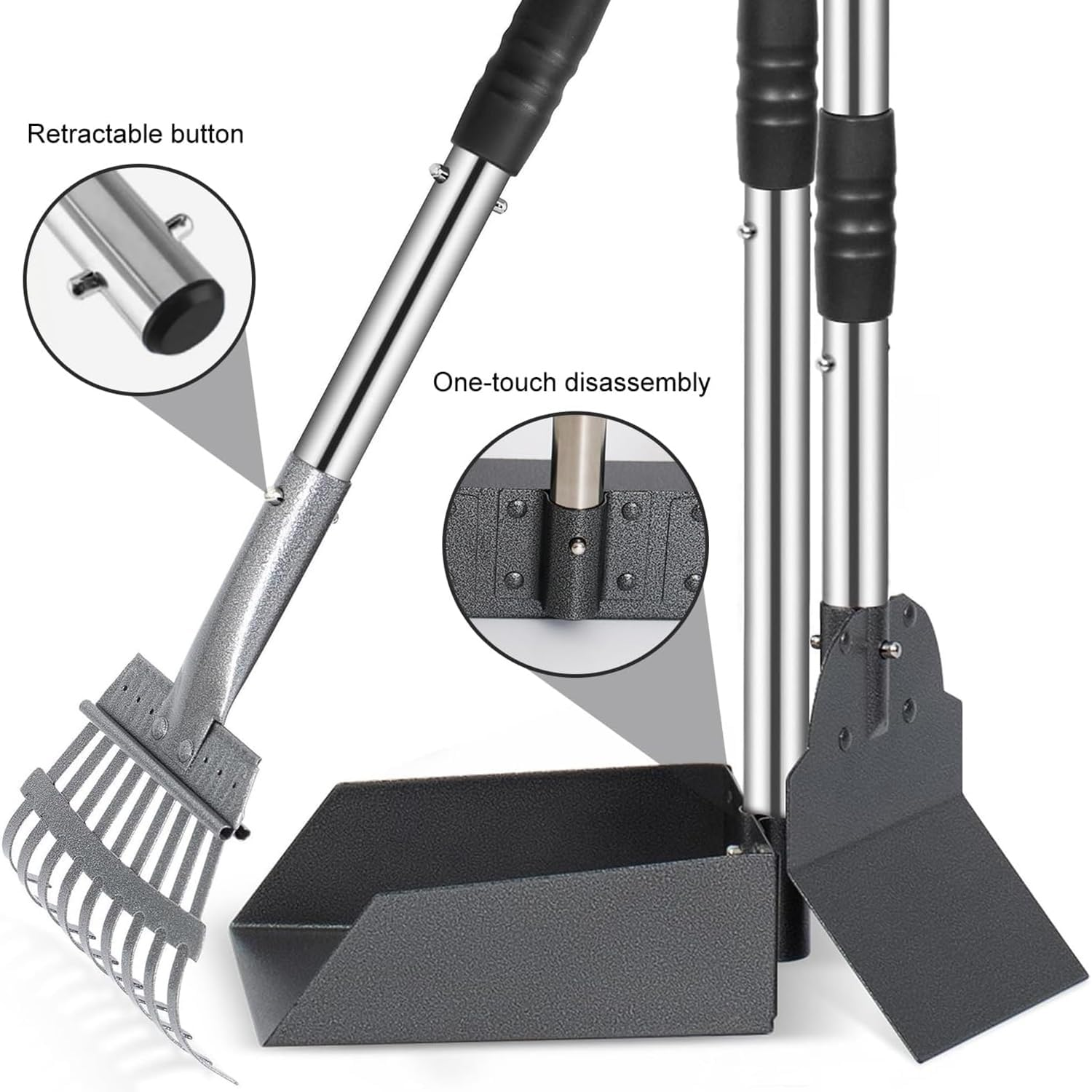 Dog Pooper Scooper Set, Tray Rake, and Spade 3 Pack Poop Scoop Adjustable Long Handle Metal with Tray for Pet Waste Removal,Dirt and Gravel,No Bending Clean up for Small Medium Dogs(Black) image number 2