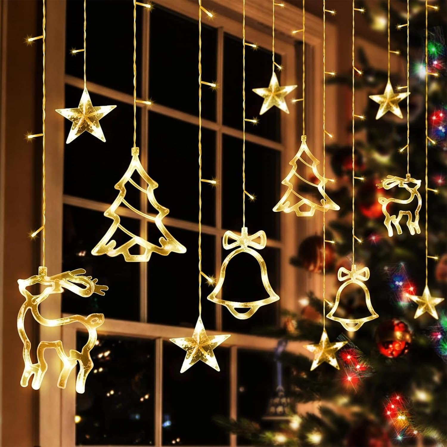Christmas Window Lights, 138 LED 3.5M Christmas Decorations Indoor Lights with Christmas Tree Bell Reindeer Star, Alway-On Flash Hanging Decors Lights for Party Home Window(Multicolor)