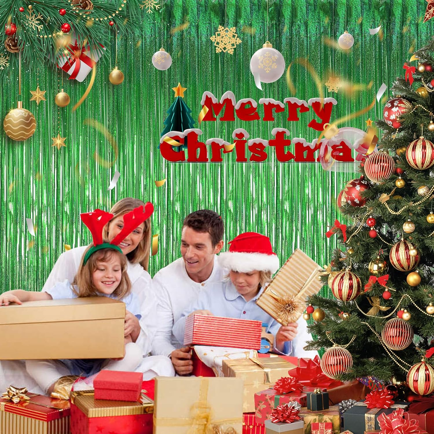 WD&CD 3 Pcs Foil Fringe Curtains Greenl, 3.2Ft X 6.6Ft Metallic Tinsel Foil Fringe Curtain for Graduate Party Halloween Decoration Wedding Girl Princess Birthday Valentine'S Day Christmas