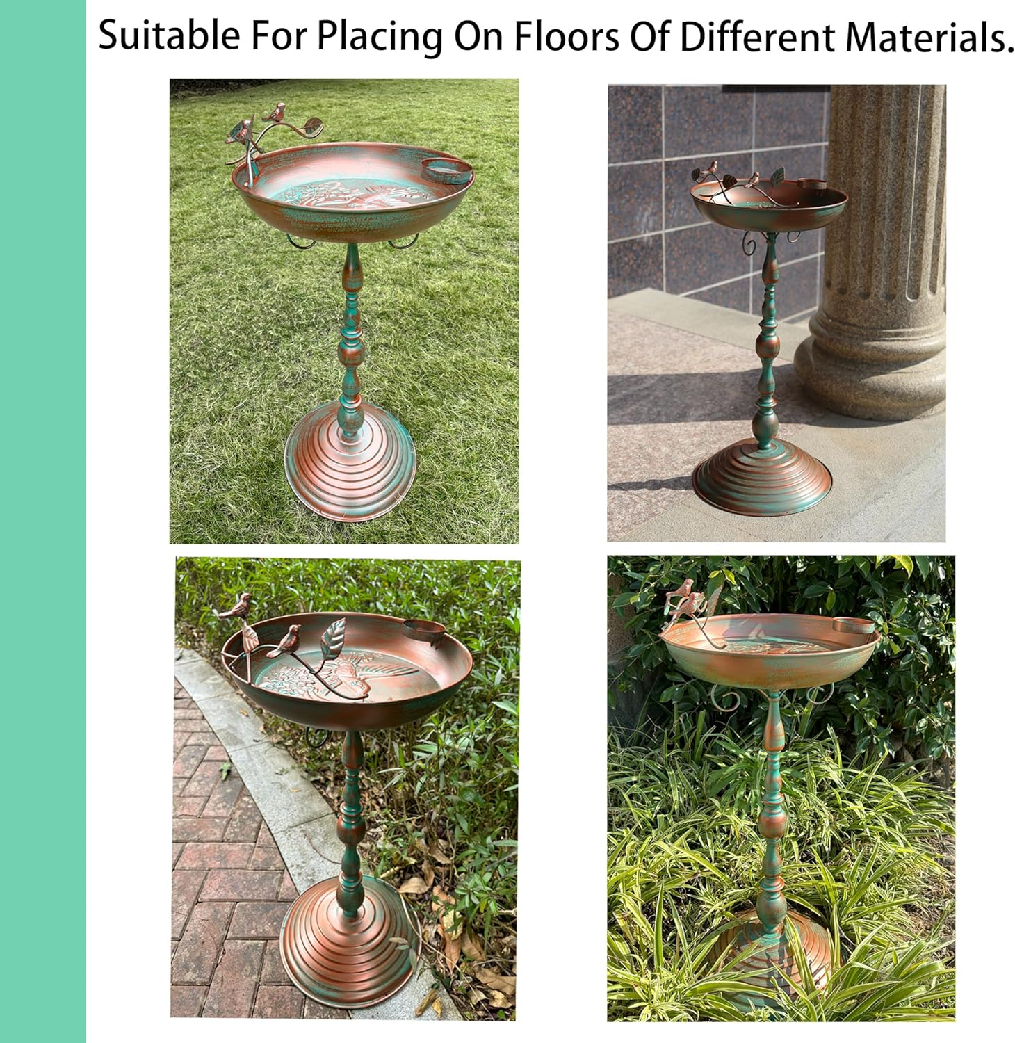 Bird Baths for Outdoors 13&rdquo;W Large Metal Bird Feeder Bowl with Hummingbird Pattern Birdbath and Feeder Freestanding Birdbaths for Garden,Yard Decor(28.7 Inch Tall) (Green-Hummingbird) image number 5