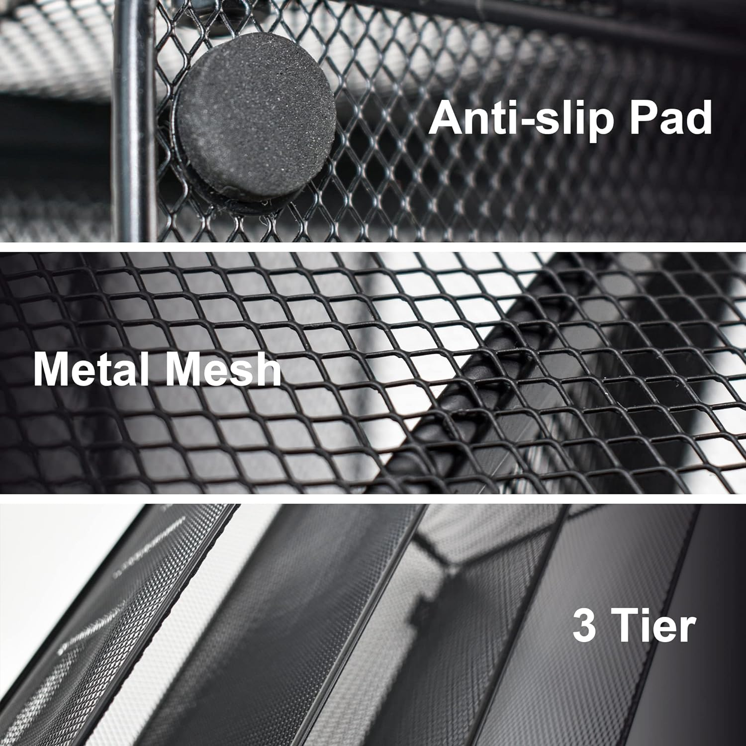 VANRA 3 Tier Letter Tray Paper Organizer Metal Mesh Desktop Document File Organizer with Sliding Tray for Office and Study image number 3