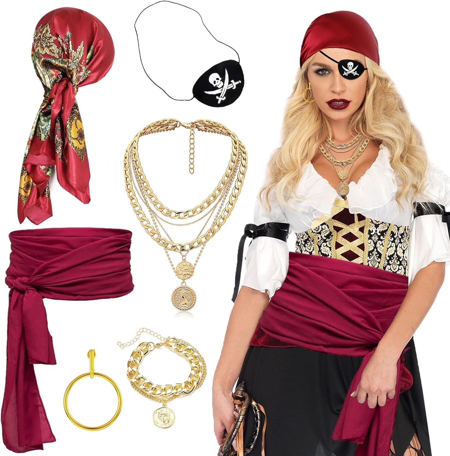 Women&rsquo;S Pirate Costume Accessories Set &ndash; 6Pcs Halloween Pirate Role Play Kit with Red Bandana Sash Belt Eye Patch Gold Earrings Necklace & Bracelet for Cosplay Masquerade Party Stage Performance image number 2