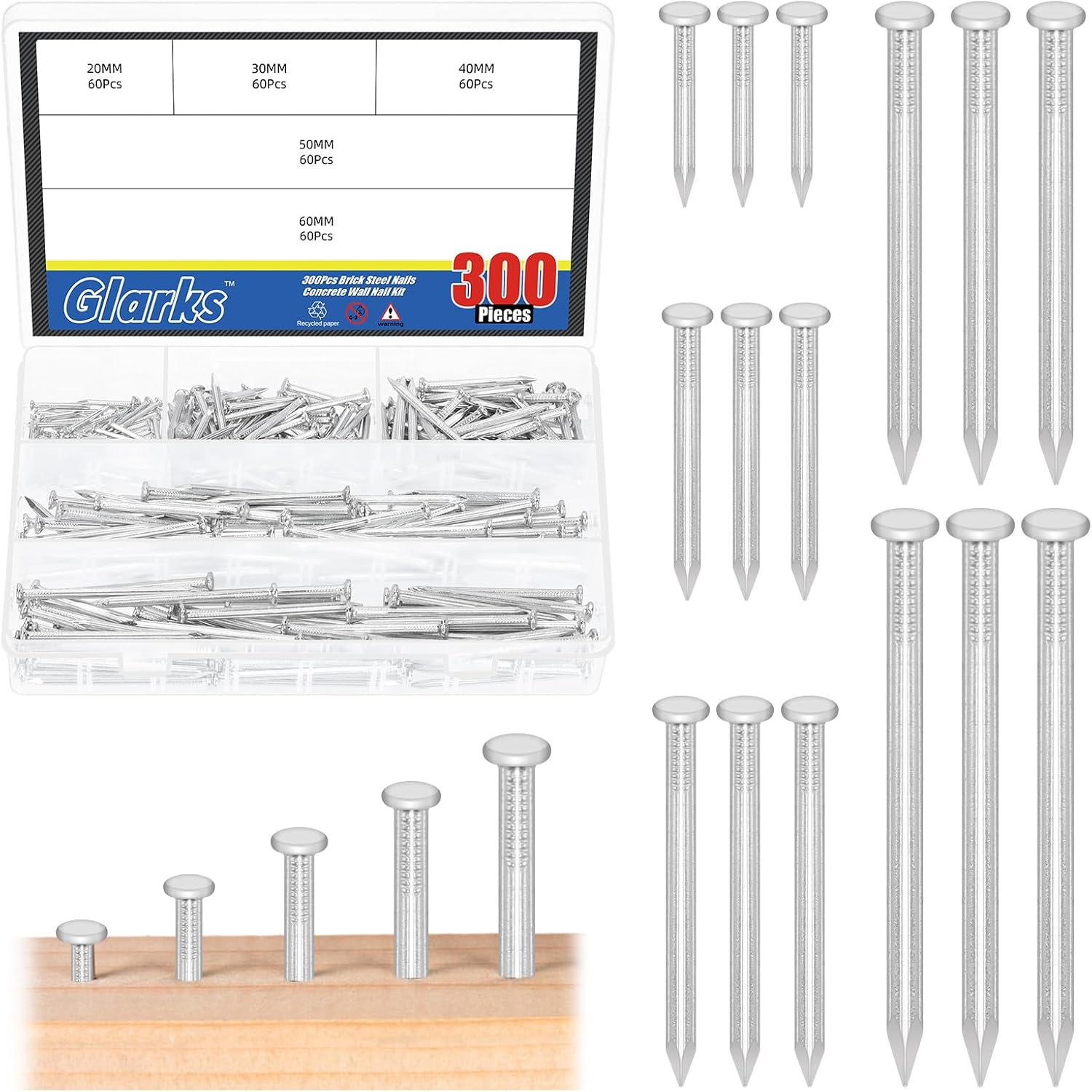 Glarks 300Pcs 20/30/40/50/60Mm Brick Steel Nails Kit, White Zinc Carbon Steel Hardware Nails, Finishing Nails, Brad and Picture Hanging Nails, Wood Nails, Cement Nails for Drywall and Pine