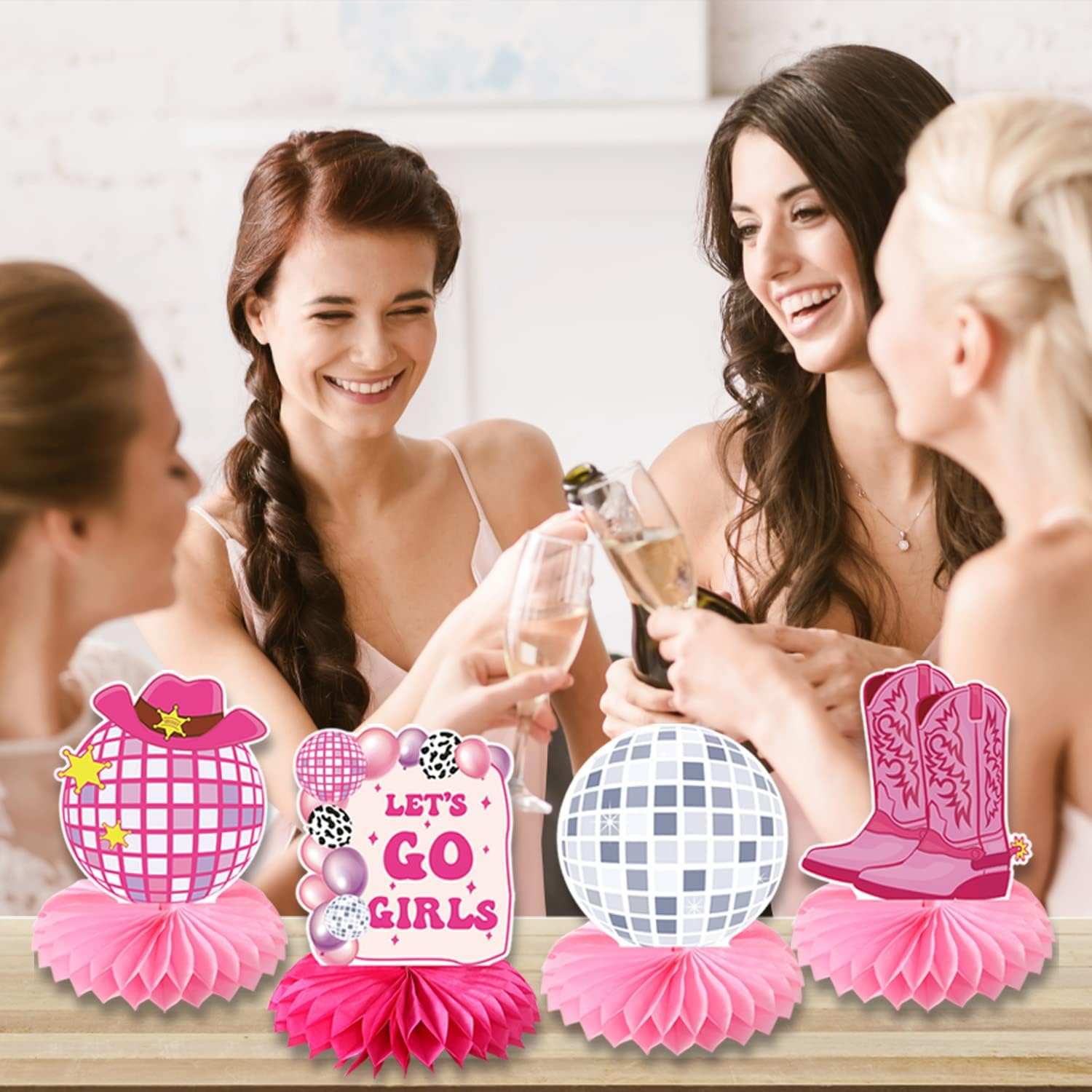 Lets Go Girls Bachelorette Party Decorations - 9Pcs Disco Cowgirl Decorations Honeycomb Centerpiece Pink Bachelorette Party Decorations Disco Western Cowgirl Party Decorations Girls image number 2