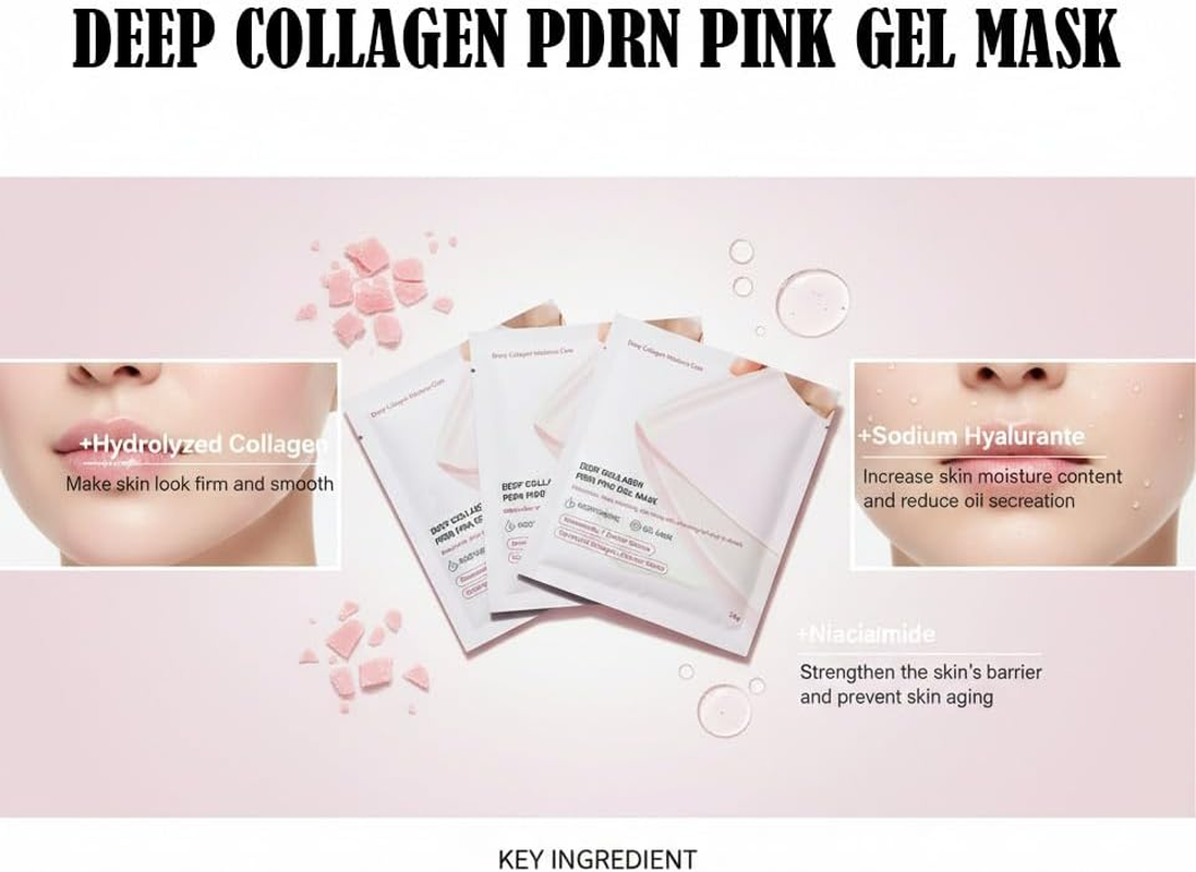 Pink Salmon DNA PDRN Collagen Gel Mask, Deep Hydrating and Anti-Wrinkle Formula, Color-Changing Collagen and Skin-Repairing Ingredients, Restoring Elasticity and Brightening Overnight Use to Youthful Glow (8 Pcs/ 2 Box)