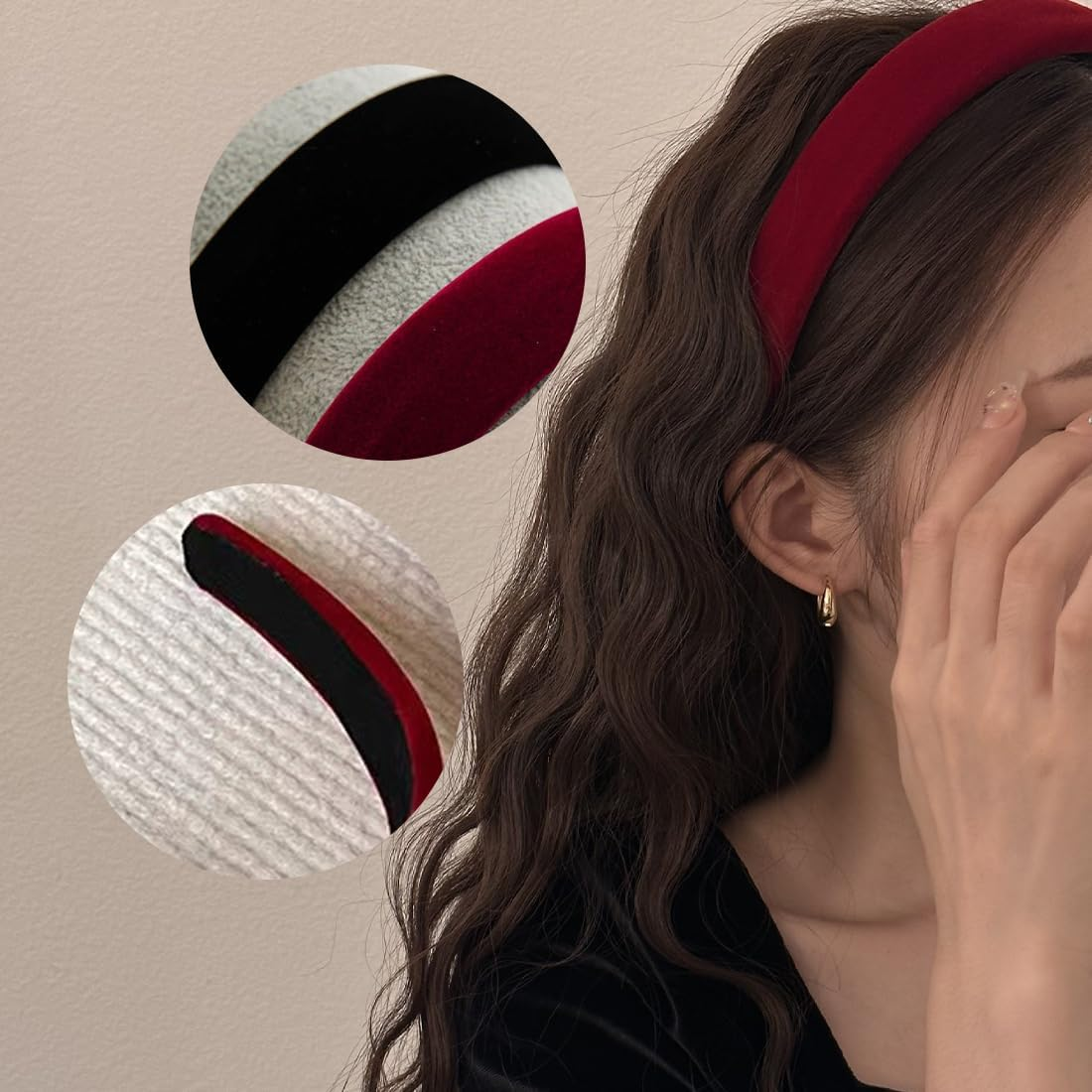 Pack of 2 Velvet Headbands Women, Solid, Simple Headband for Girls, Fashion Hair Accessories for Women Girls, Padded Velvet Headband Retro Style Headband (Black/Burgundy) image number 1