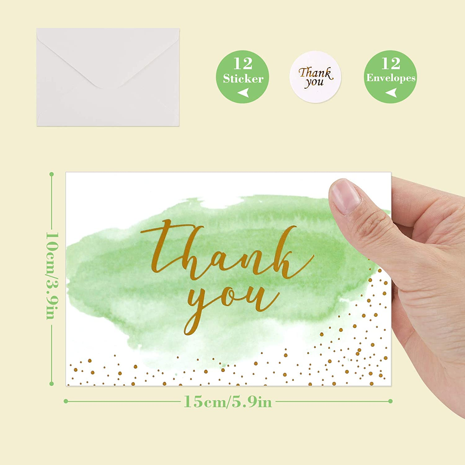 Thank You Cards Set: 12 Sheets Thank You Greeting Cards with Envelopes and Stickers,Watercolour Design, Greeting Cards for Wedding, Kids - Fully Recyclable and Eco-Friendly Cards image number 1