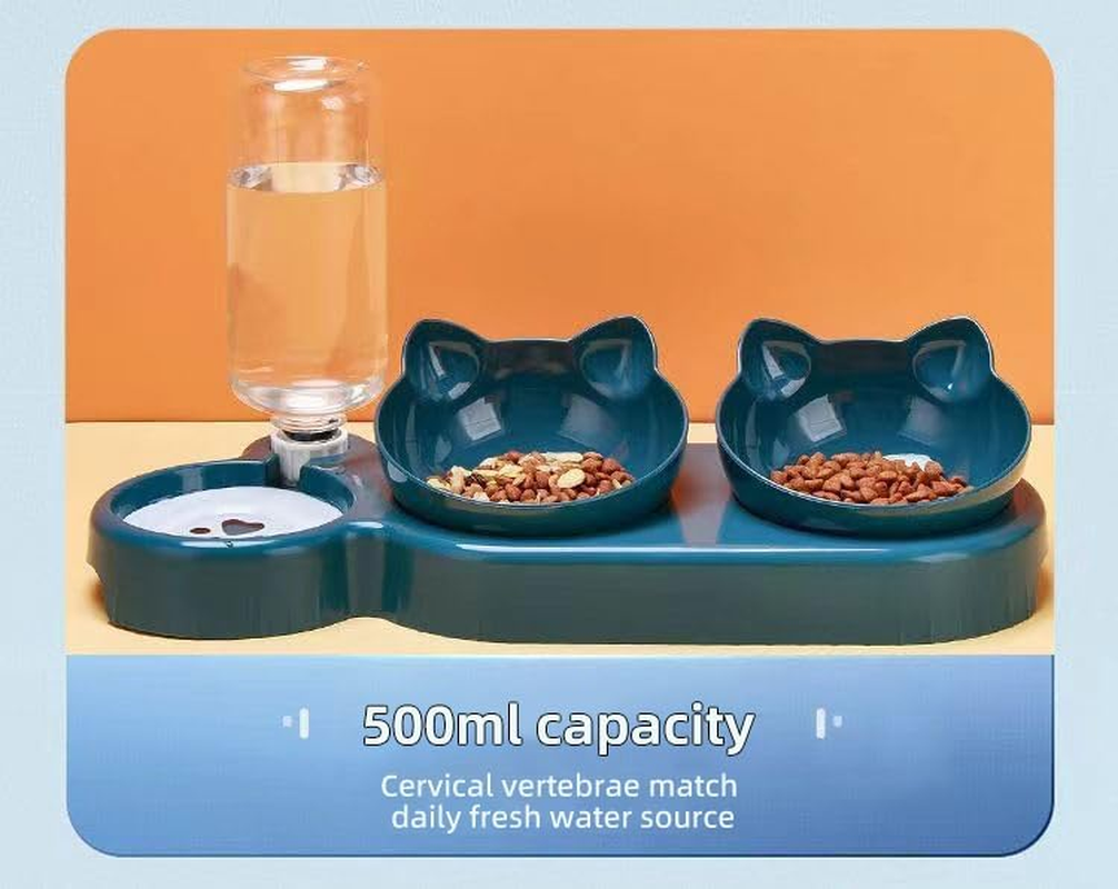 Triple Cat Bowls,15&deg;Tilt 3-In-1 Water Feeder Bowls Cat Double Food Bowls， Whisker Friendly Wet and Dry Cat Elevated Feeding Dishes for Small Cat and Puppy (Blue, One Size) image number 2