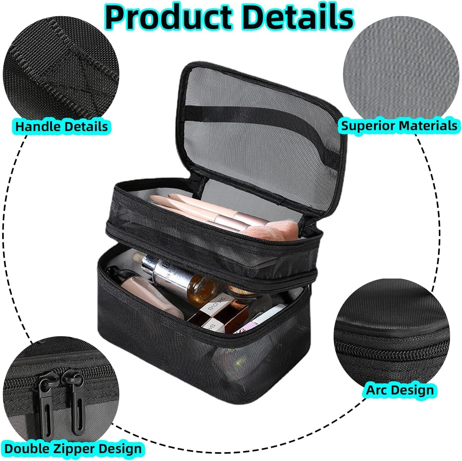 Double Layer Mesh Makeup Bag，Cosmetic Bag，Small Travel Kit Storage Pouch Clear Portable Toiletry Bags image number 6