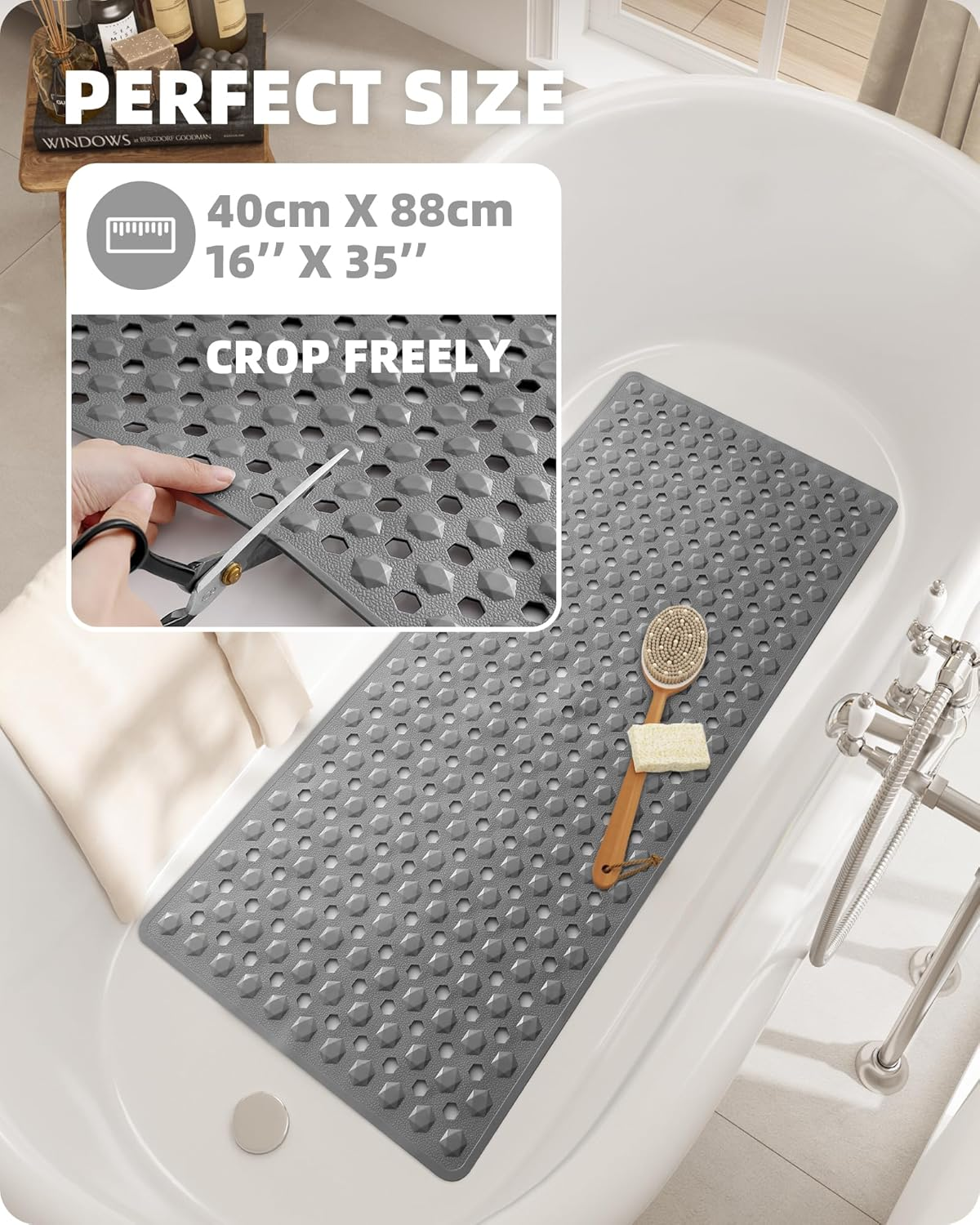 Color&Geometry Bathtub Mat Non Slip 16"X39", Long Bath Tub Mat with 187 Suction Cups and Bigger Drain Holes, Easy to Clean, Quick Dry Shower Mats for inside Shower for Kids, Elderly,Grey image number 3