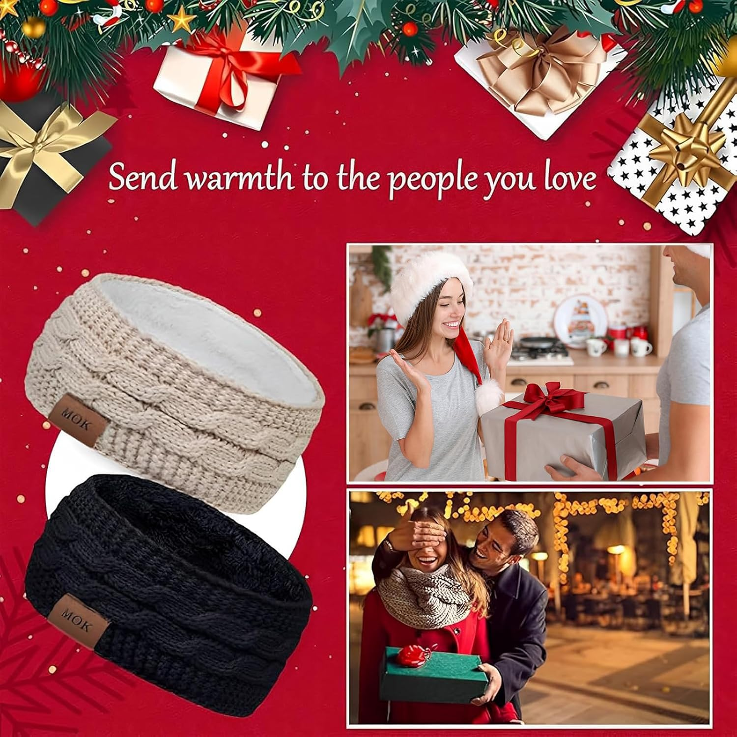 MOAZIFI Women'S Winter Knitted Headbands, Ear Warmers, Elastic Headband, Thickening, Winter Ear Warmers for Outdoor Sports, Shopping, Skiing, Running, Jogging (Black + Beige), 1, 1 St&uuml;ck (2Er Pack)