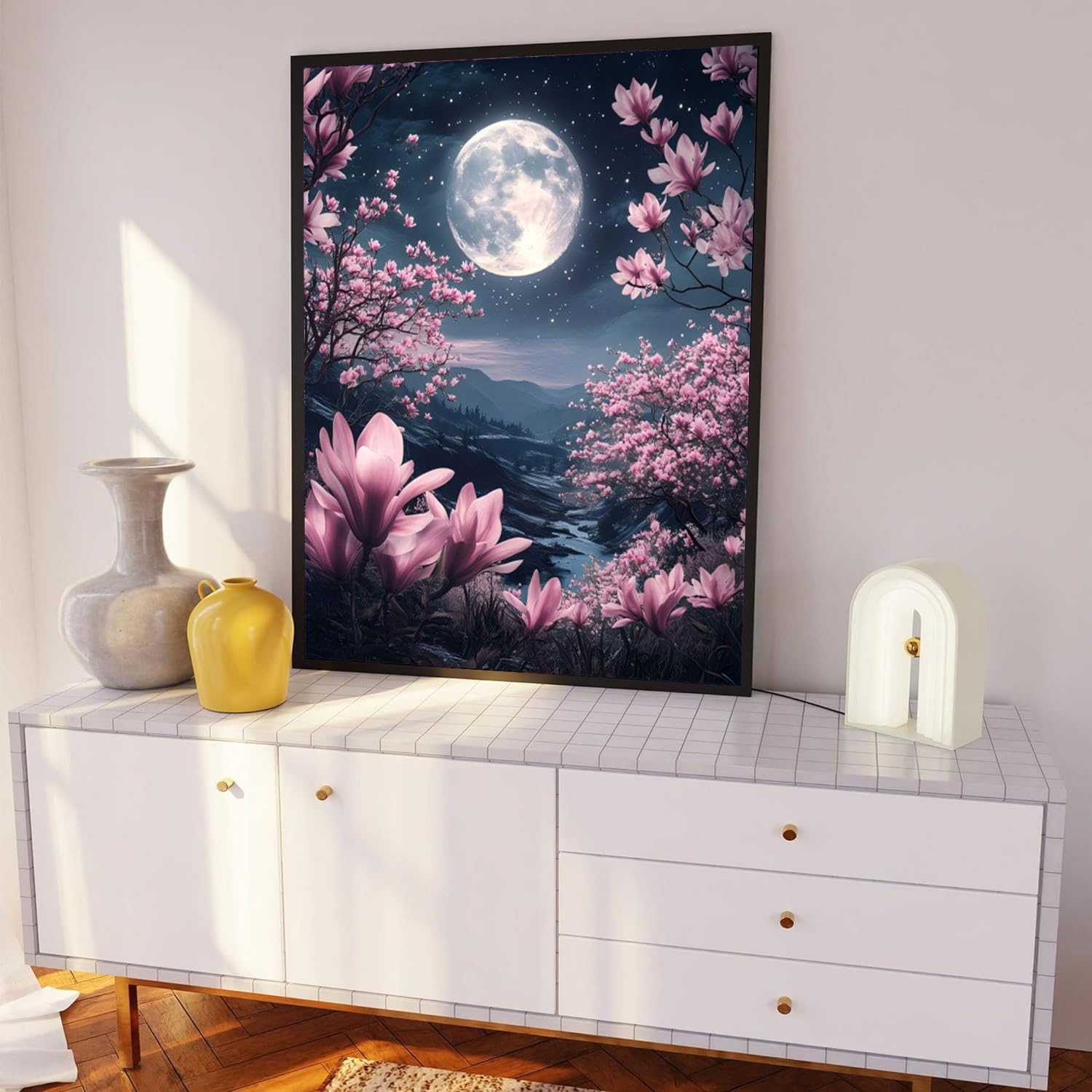 Pujeknm Paint by Numbers Adult Moon DIY Landscape Hand Painted Oil Painting Kit for Beginners, with 3 Brushes and Acrylic Paint, Hand Painted Oil Painting Kit as a Gift, 40 X 50 Cm (Frameless)