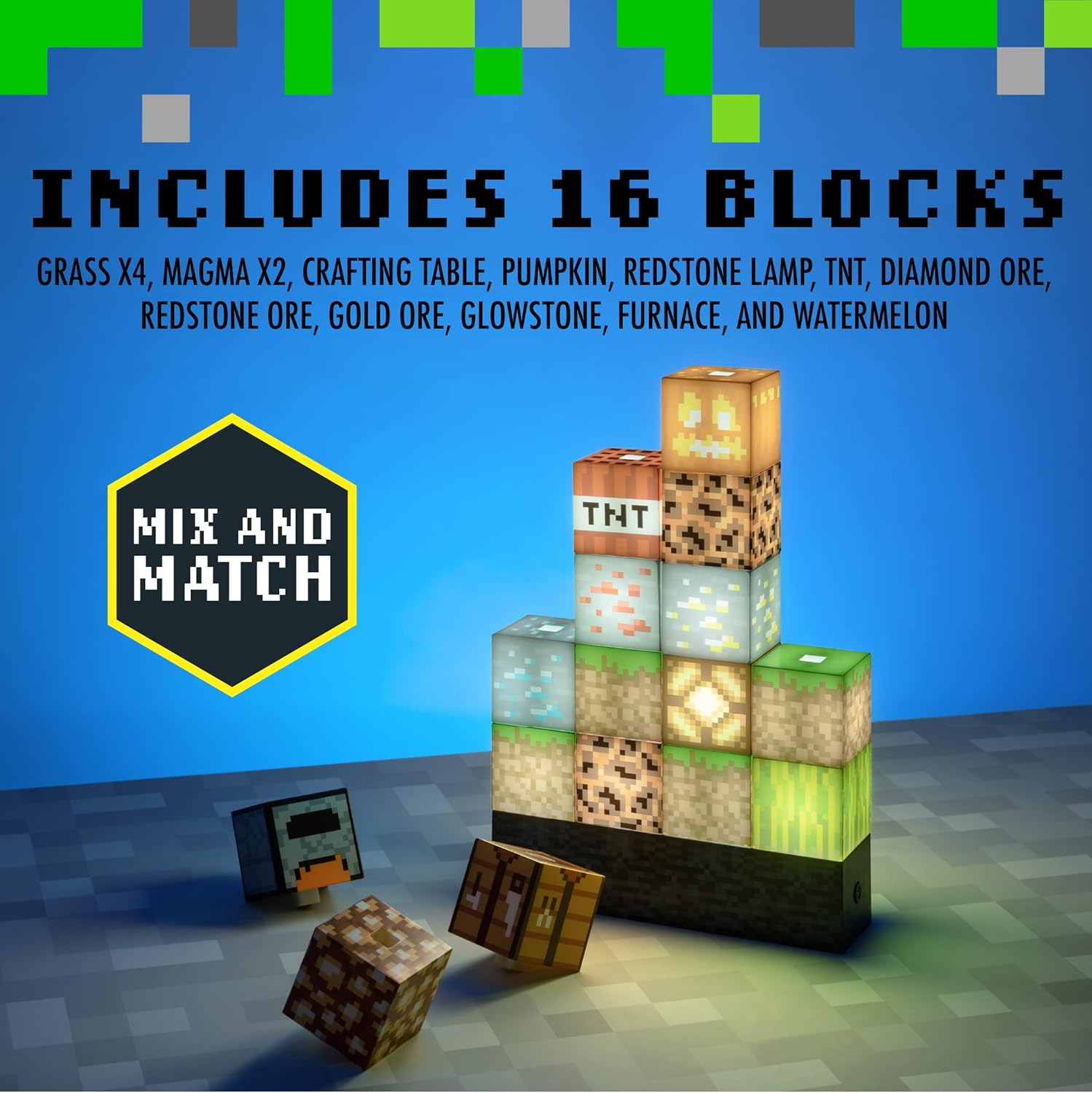 Minecraft Block Building Light 16 Rearrangeable Light Blocks and Bedrock Base Minecraft Bedroom Accessories Lamp Night Light image number 1