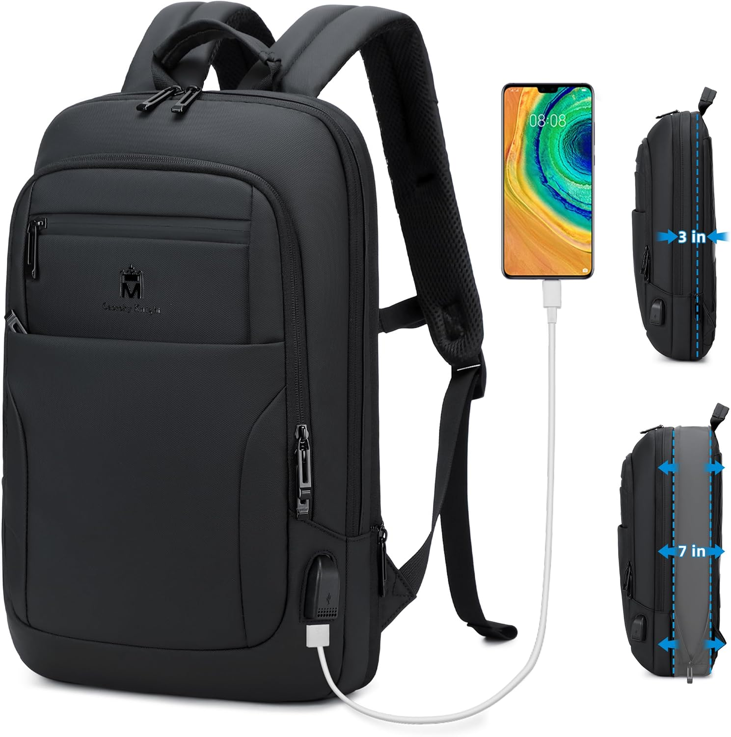 Caoroky Knight Backpack Laptop Men 15.6 Inch Slim Work Business Backpacks with USB Charging Port Mens Travel Bag Bookbag