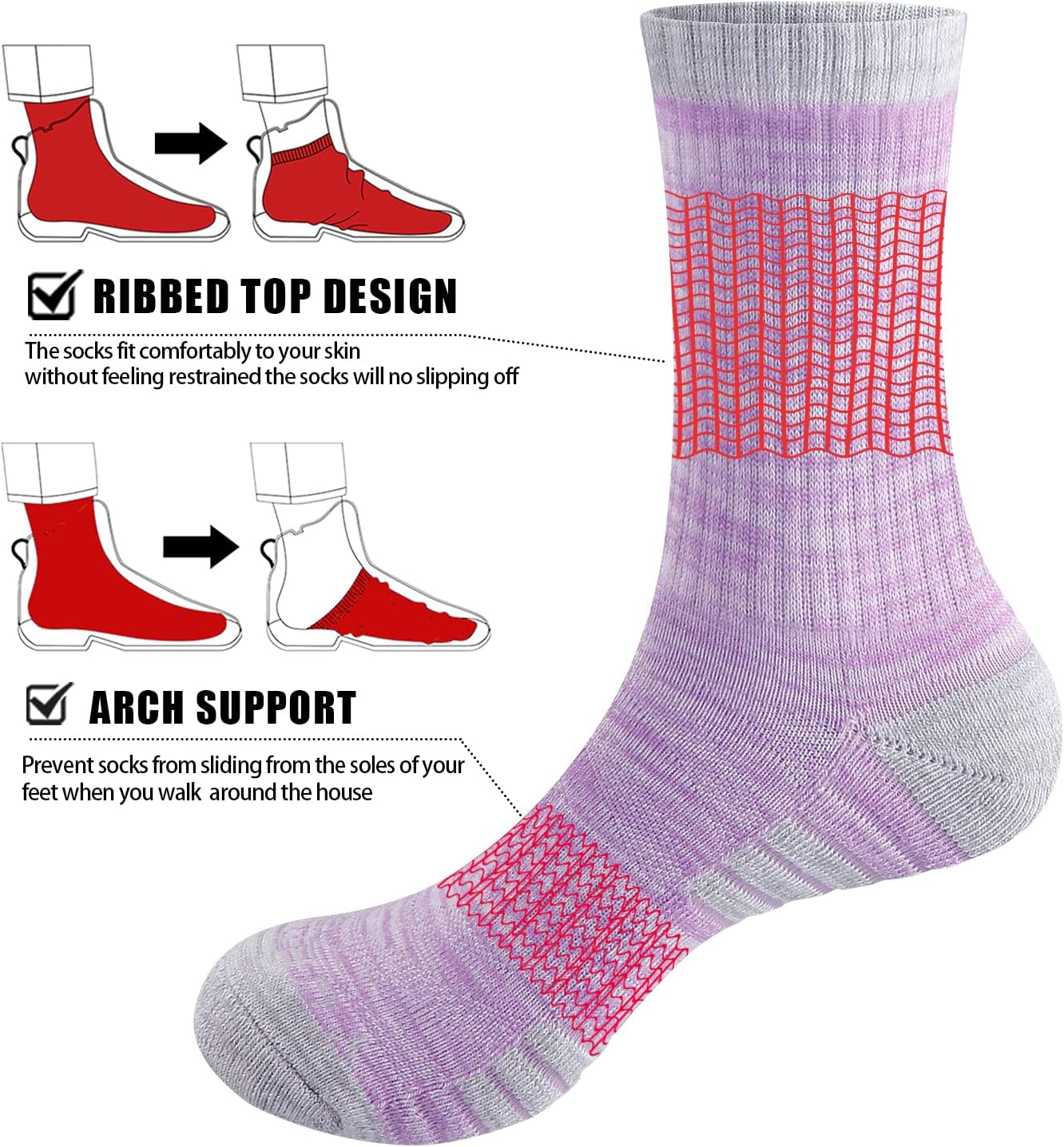 YUEDGE Women'S Cotton Cushioned Crew Sports Socks Mid Calf Outdoor Hiking Socks Moisture Wicking Work Socks for Womens Size 6-11, 5 Pairs