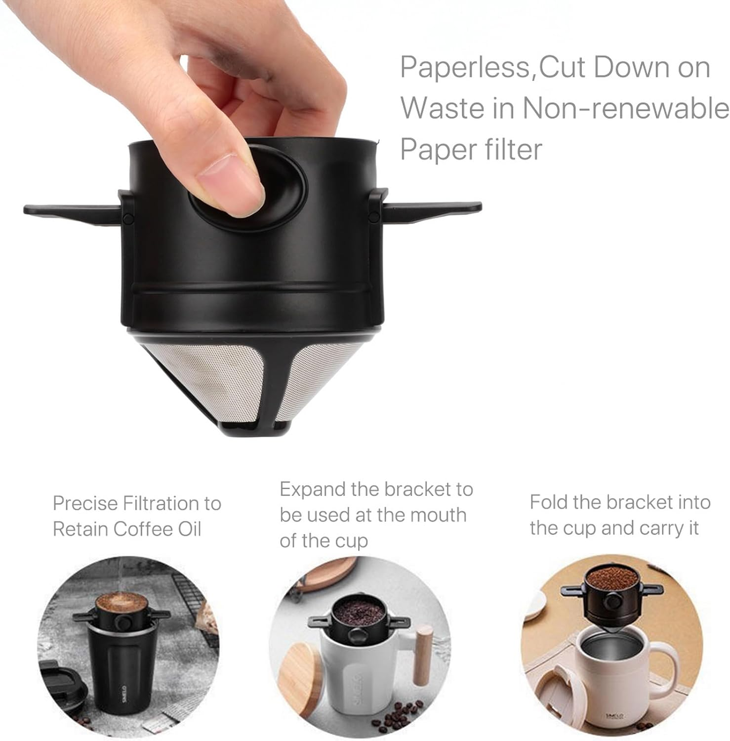 VANANA Reusable Pour over Coffee Maker, Stainless Steel Cone Coffee Dripper Filter 1-2 Cup, Paperless with Collapsible Holders for Home Office Travel Camping image number 5