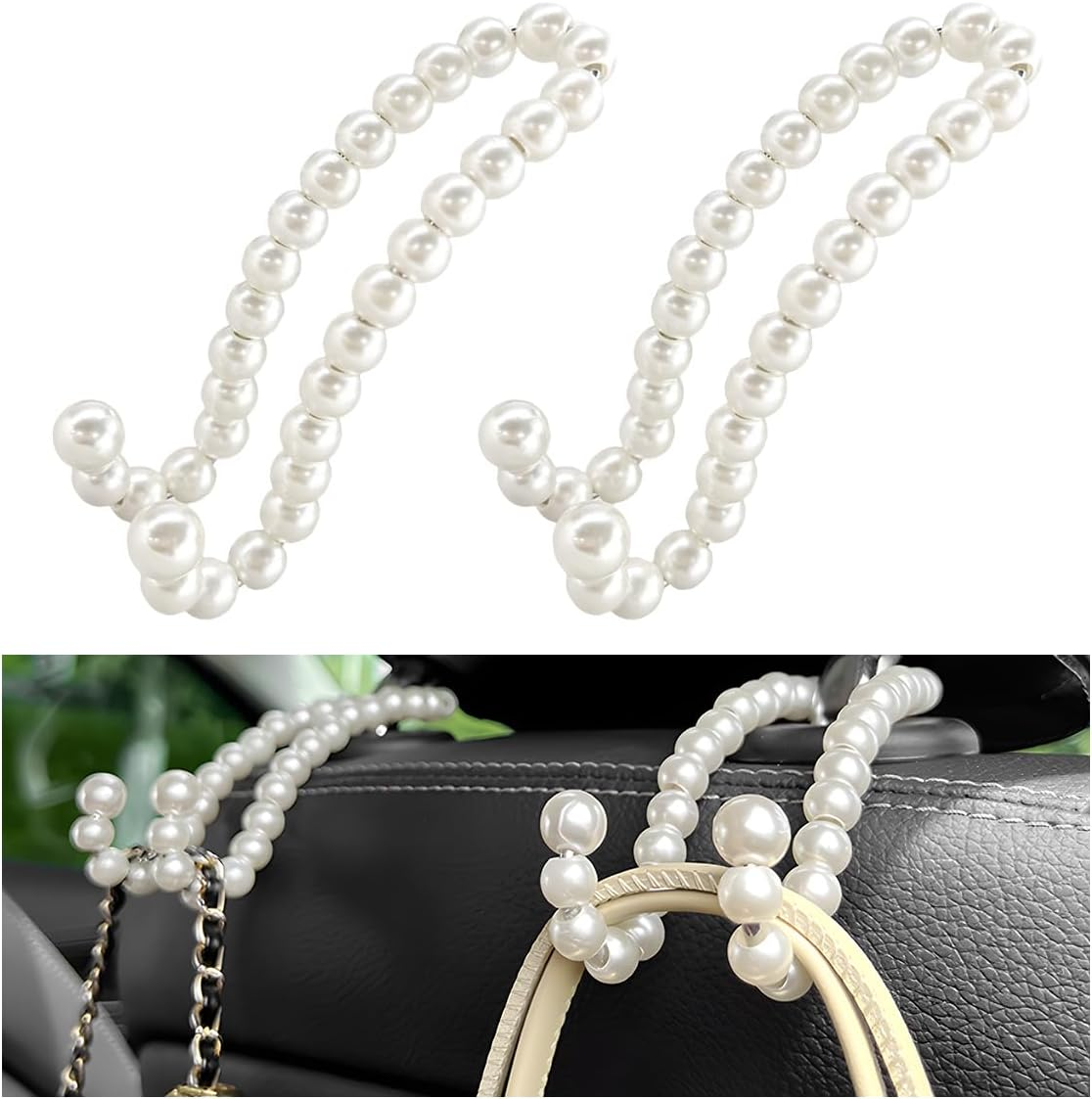 2 PCS Elegant Pearl Car Seat Headrest Hook, Cute Car Seat Hook Hanger Storage Organizer for Handbag Purse, Interior Decoration Headrest Hanger for Women Girls, Car Accessories