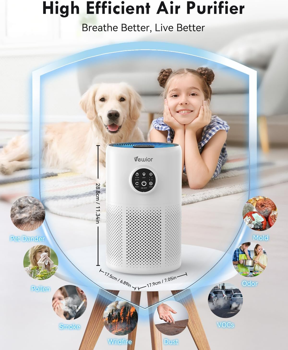 VEWIOR Air Purifier for the Bedroom up to 126M&sup2;, H13 True HEPA Filter Air Purifiers for Home Large Room, 3-Stage Filtration System Sleep Mode 15Db, for Pet Hair Dander Smoke Odor Dust Pollen Allergies image number 4