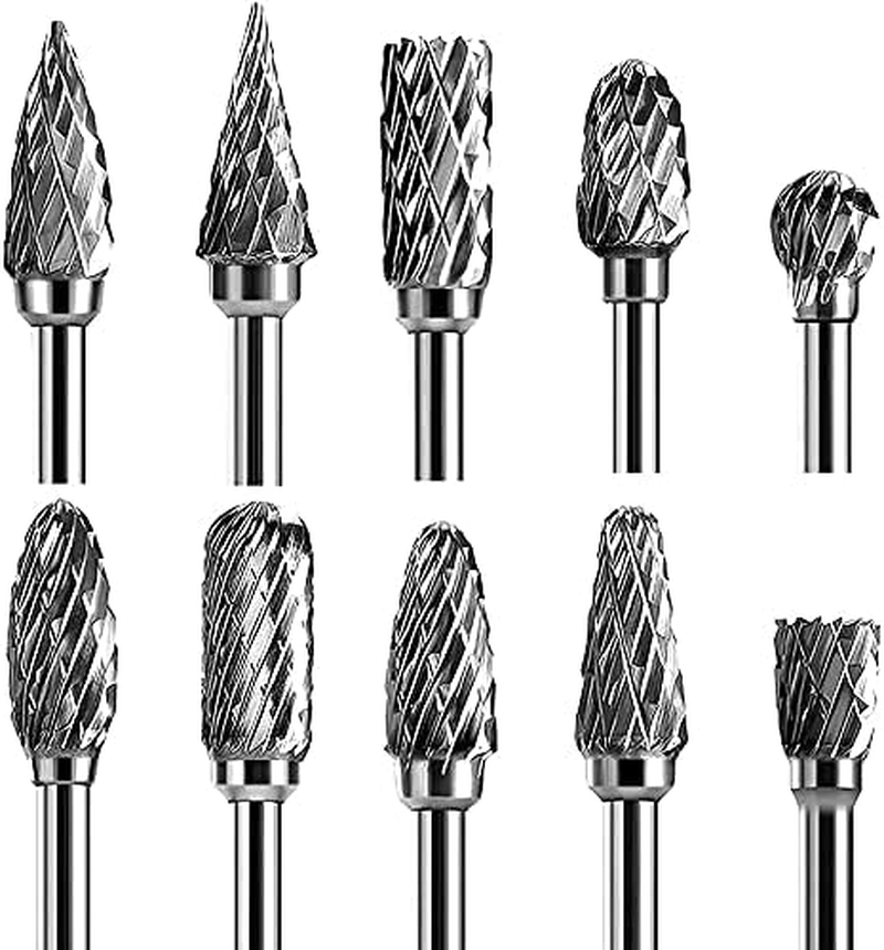 Double Cut Carbide Rotary Burr Set - 10 Pcs 1/8" Shank, 1/4" Head Length Tungsten Steel for Woodworking,Drilling, Metal Carving, Engraving, Polishing image number 5