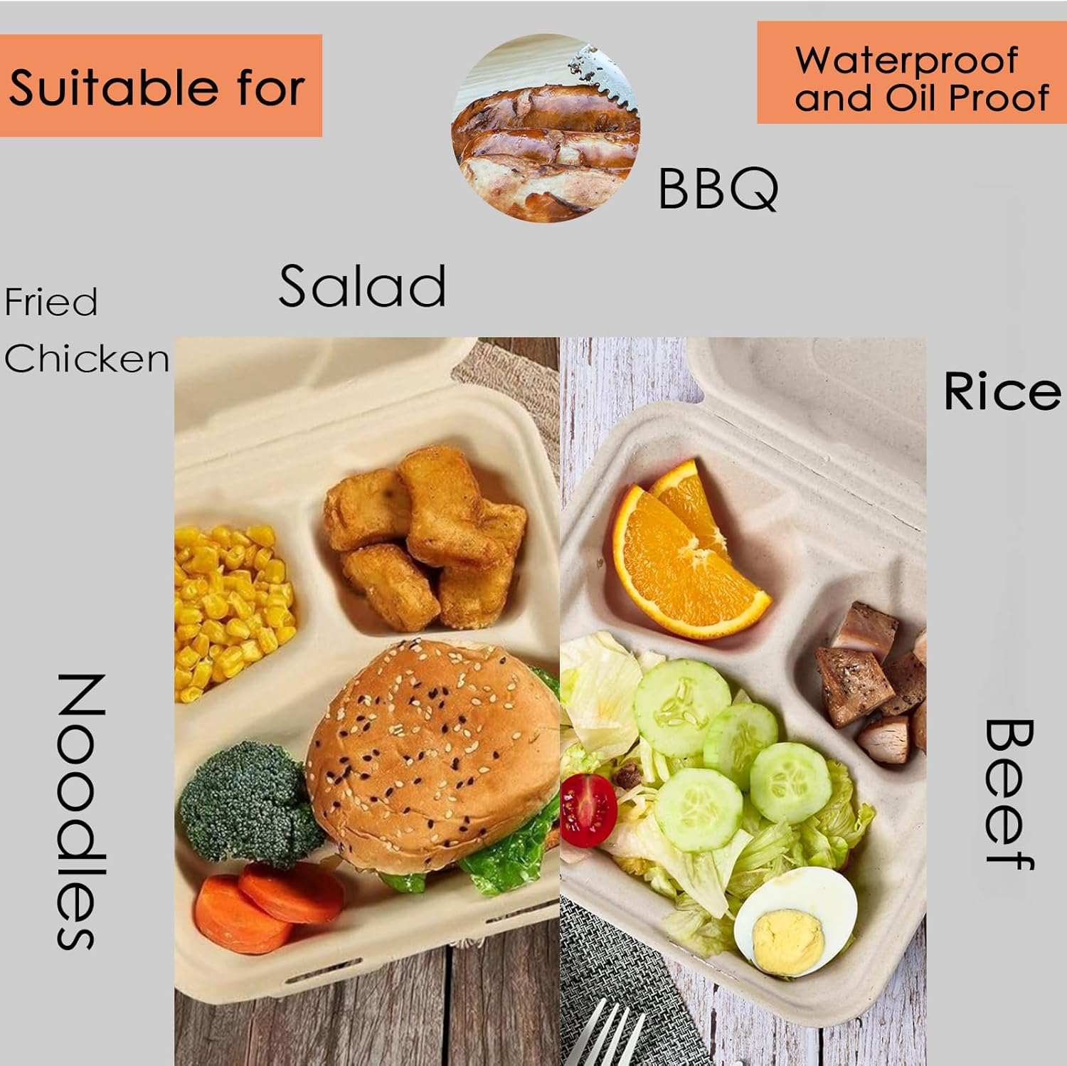 100% Compostable Take Out Food Containers, Disposable Flip-Top Box - 50Pack 8X8" 3-Compartment Heavy-Duty Lunch Box with Lid, Eco-Friendly Biodegradable Paper Fiber to Go Containers for Food image number 1