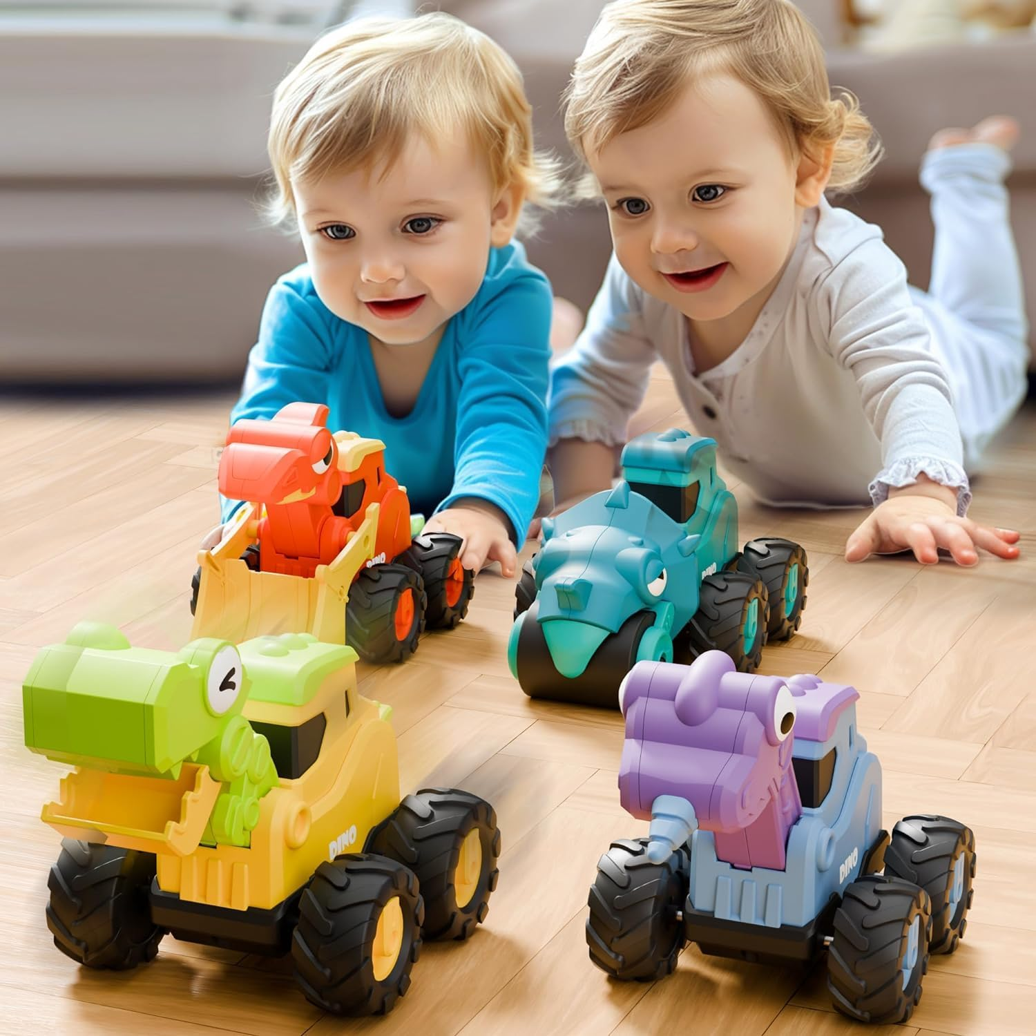 Dinosaur Truck Toys for Toddlers, Boys Dino Press Go Racing Cars, Kids Construction Sandbox Vehicles Playset, Baby Push Go Friction Car Set image number 2