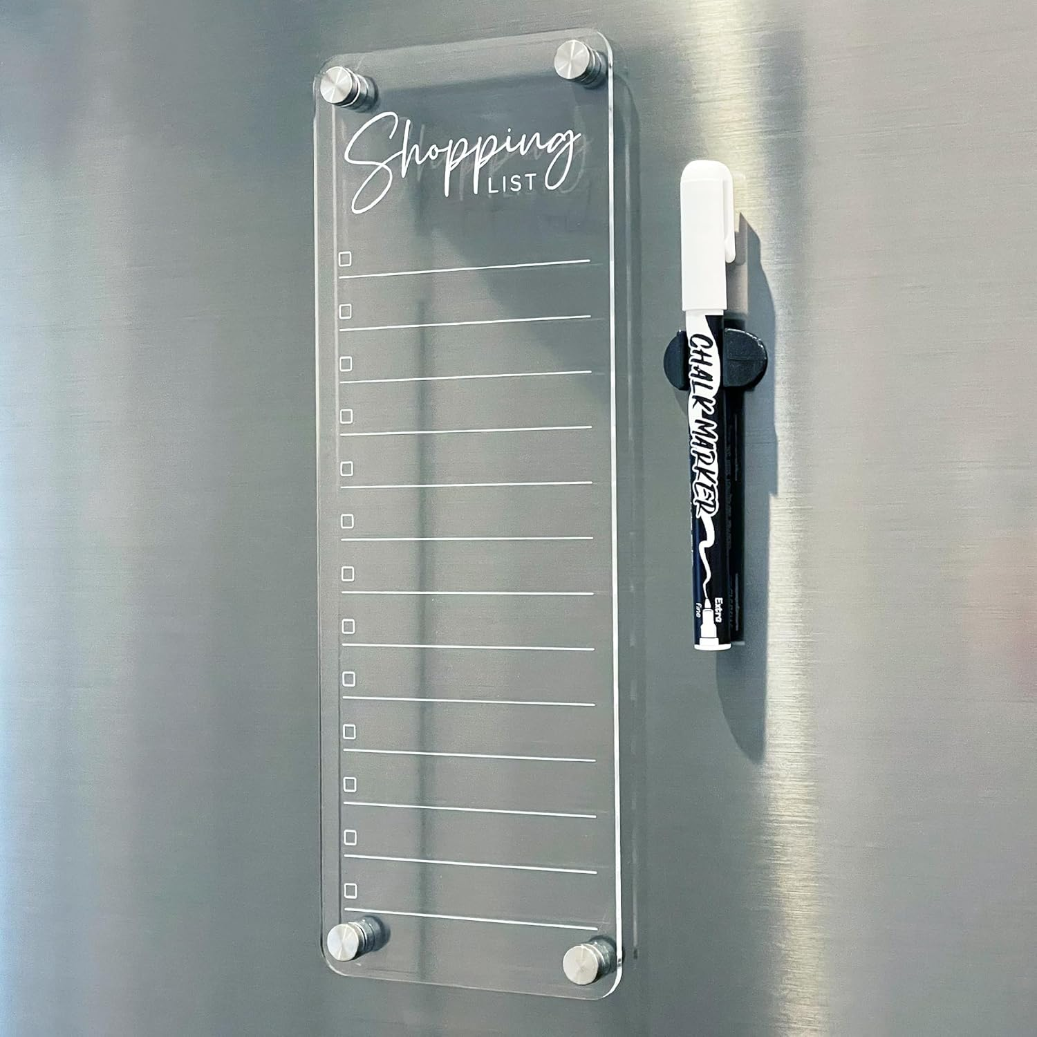 Magnetic Acrylic Shopping List Whiteboard 30Cm X 10.5Cm - Clear Dry Erase Checklist Board for Fridge - Includes White Chalk Pen & Magnetic Pen Holder image number 4