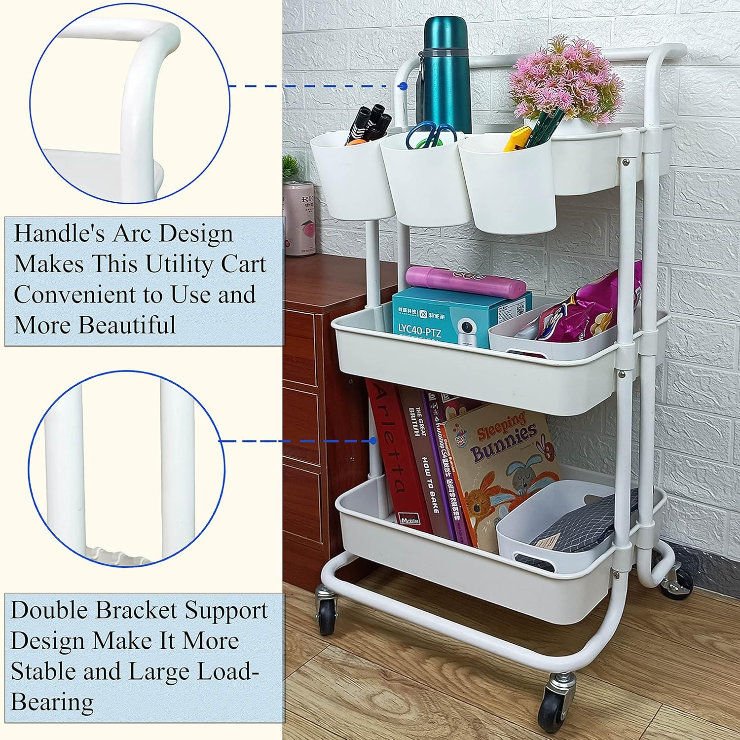 3 Tier Utility Rolling Cart Storage Organizer Shelf Multifunction Rack with 3PCS Hanging Cups for Home Office Kitchen Bathroom Store (3Pcs Cups White)