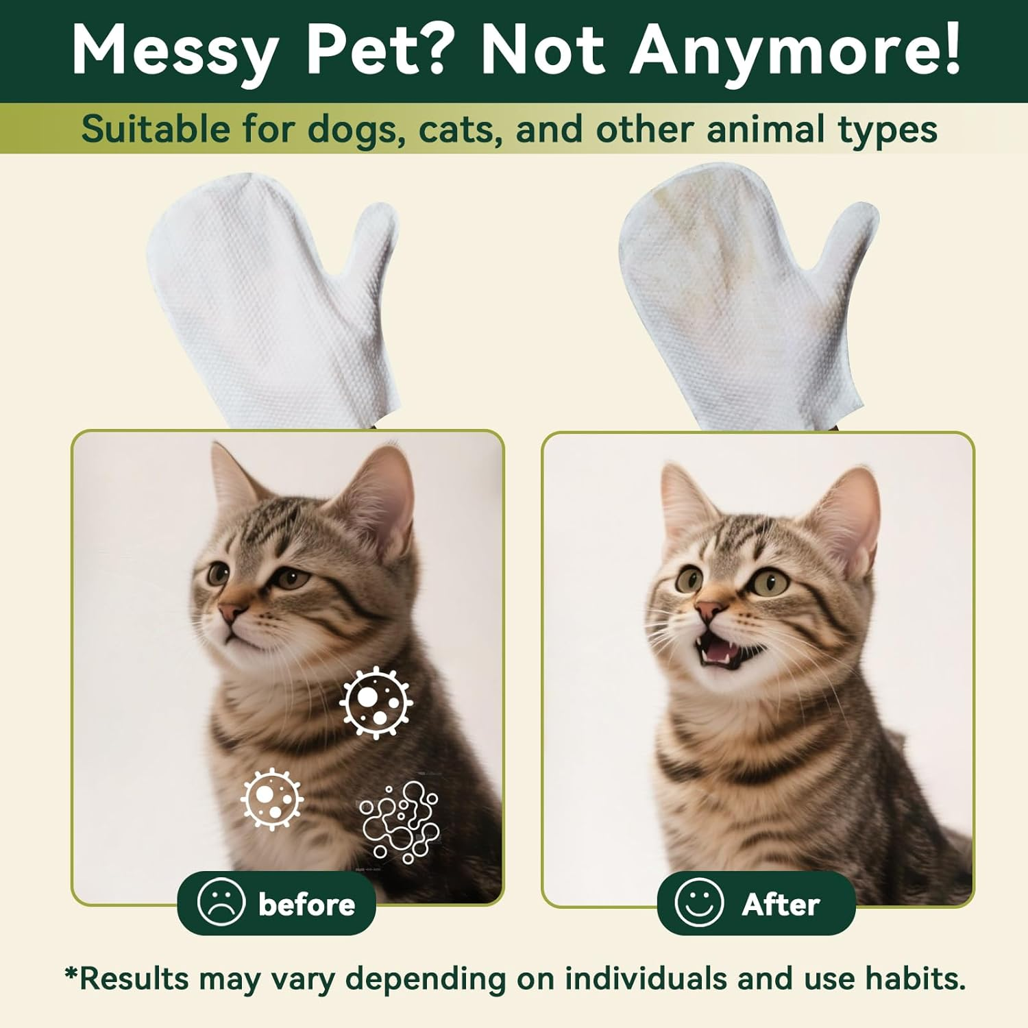 ECO PET Glove Wipes &ndash; Dog & Cat Cleaning Gloves Wipe | Bath Wipes with Coconut Oil, Sea Buckthorn, Kakadu Plum, Oat Extract | Pet Grooming Paw, Fur & Butt Wipes | Glove-Style Wet Wipes image number 2