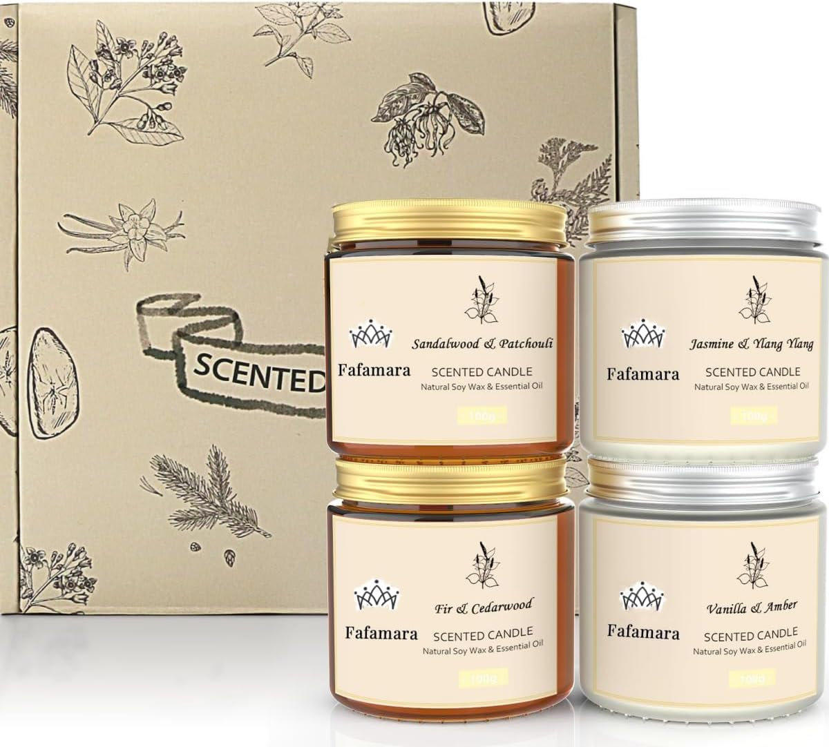 Fafamara Scented Candle Gift Set, 4 Relaxing Aromatherapy Candles for Women, Jasmine & Ylang Ylang, Sandalwood & Patchouli, Fir & Cedarwood, Vanilla & Amber, for Christmas, Birthday, Anniversary
